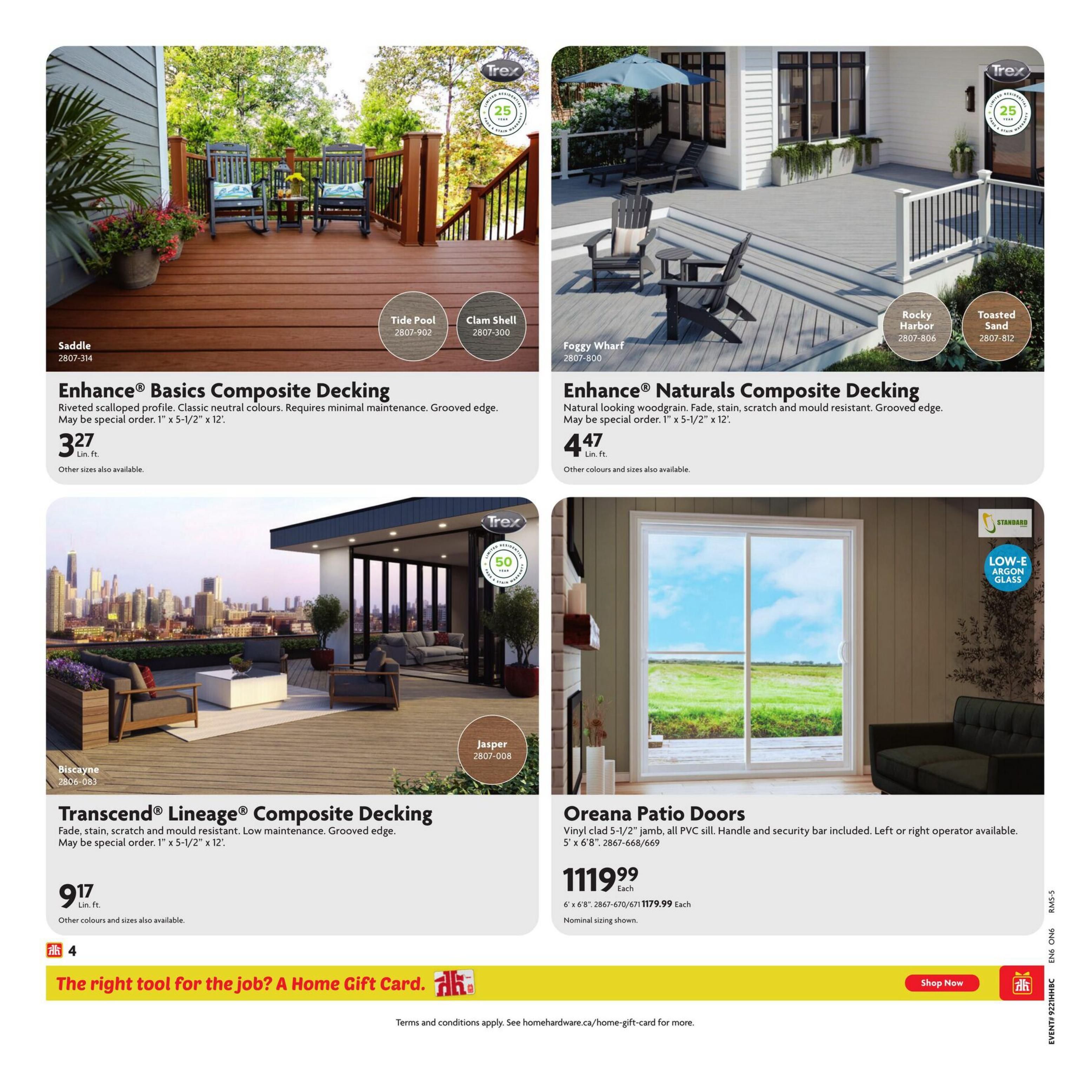 Home Hardware flyer page 5 features Trex composite decking and patio doors. Enhance Basics Composite Decking in Saddle colour is $3.27 lin. ft. and Enhance Naturals Composite Decking in Foggy Wharf colour is $4.47 lin. ft. Both are 1' x 5-1/2' x 12' and may be special order. Transcend Lineage Composite Decking in Biscayne colour is $9.17 lin. ft. and is also available in other colours and sizes. Oreana Patio Doors with vinyl clad 5-1/2' jamb and all PVC sill are $1119.99 each for 6' x 6'8' size. The bottom of the page promotes a Home Gift Card with a 'Shop Now' button.