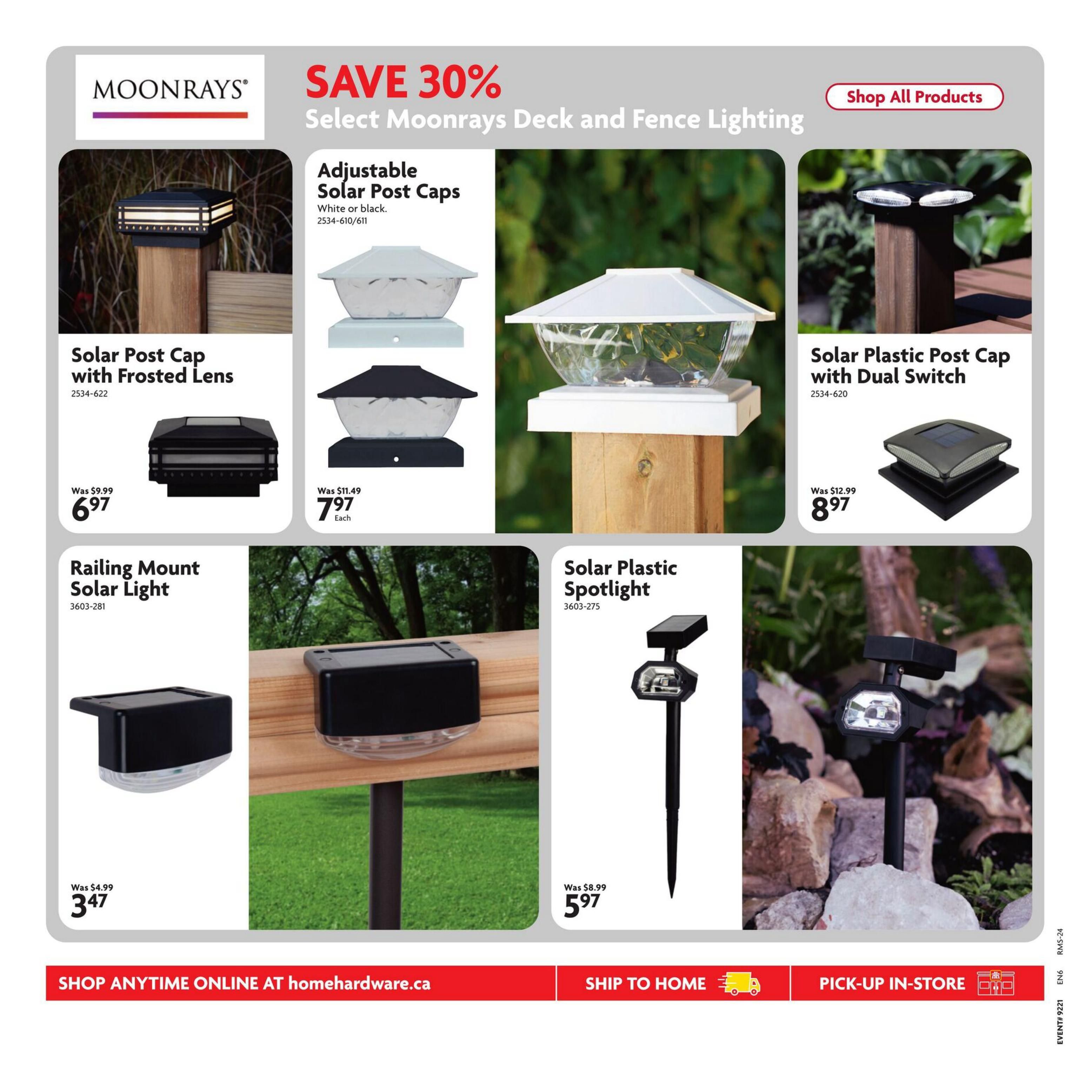 Home Hardware flyer page 26 features a SAVE 30% promotion on Moonrays Deck and Fence Lighting. Products include Solar Post Cap with Frosted Lens, originally $9.99, now $6.97. Adjustable Solar Post Caps are available in white or black for $7.97, down from $11.49. The Solar Plastic Post Cap with Dual Switch is priced at $8.97, reduced from $12.99. Also featured are the Railing Mount Solar Light for $3.47 (was $4.99) and the Solar Plastic Spotlight for $5.97 (was $8.99). The page also includes options to Shop All Products, shop anytime online at homehardware.ca, Ship to Home, and Pick-Up In-Store.