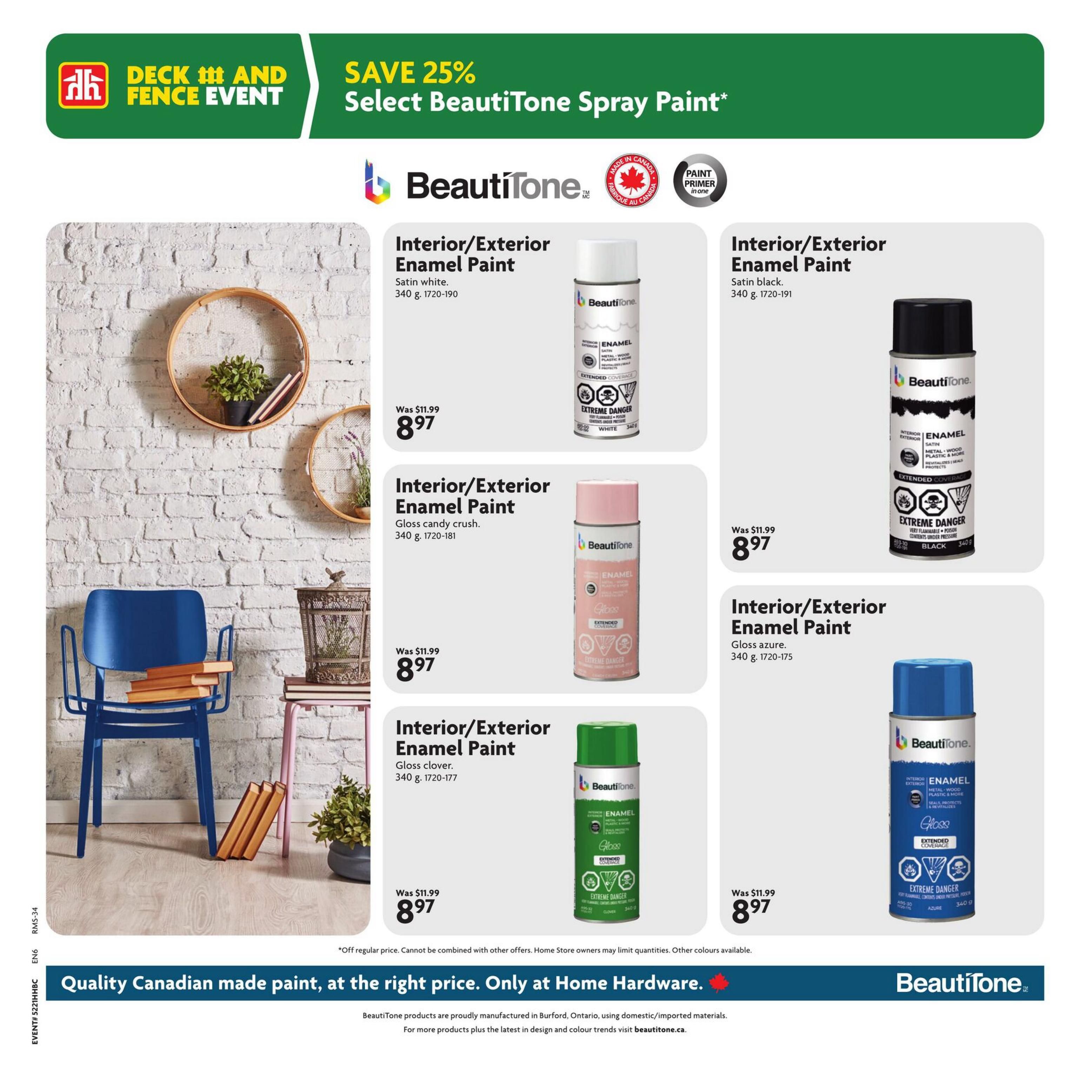 Home Hardware flyer, page 29. Save 25% on select BeautiTone Spray Paint. Available are Interior/Exterior Enamel Paint in Satin white, Satin black, Gloss candy crush, and Gloss azure. All are 340g and priced at $8.97, originally $11.99. The flyer also features a large image of a room with a blue chair and decorative items. The bottom banner highlights 'Quality Canadian made paint, at the right price. Only at Home Hardware.