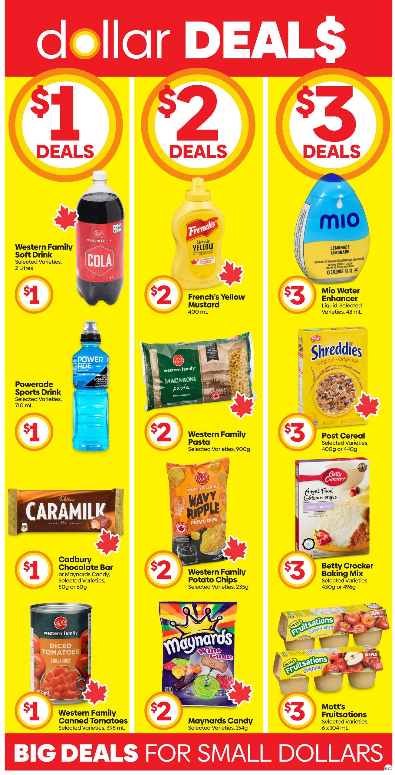 Buy-Low Foods weekly flyer specials page 6 features 'Dollar Deals for Small Dollars'. $1 deals include Western Family Soft Drink (2 Litres), Powerade Sports Drink (710 mL), Cadbury Chocolate Bar or Maynards Candy (50g or 60g), and Western Family Canned Tomatoes (398 mL). $2 deals include French's Yellow Mustard (400 mL), Western Family Macaroni Pasta (900g), Western Family Wavy Ripple Potato Chips (235g), and Maynards Candy (154g). $3 deals include Mio Water Enhancer (48 mL), Post Shreddies Cereal (400g or 440g), and Mott's Fruitsations (6 x 104 mL).