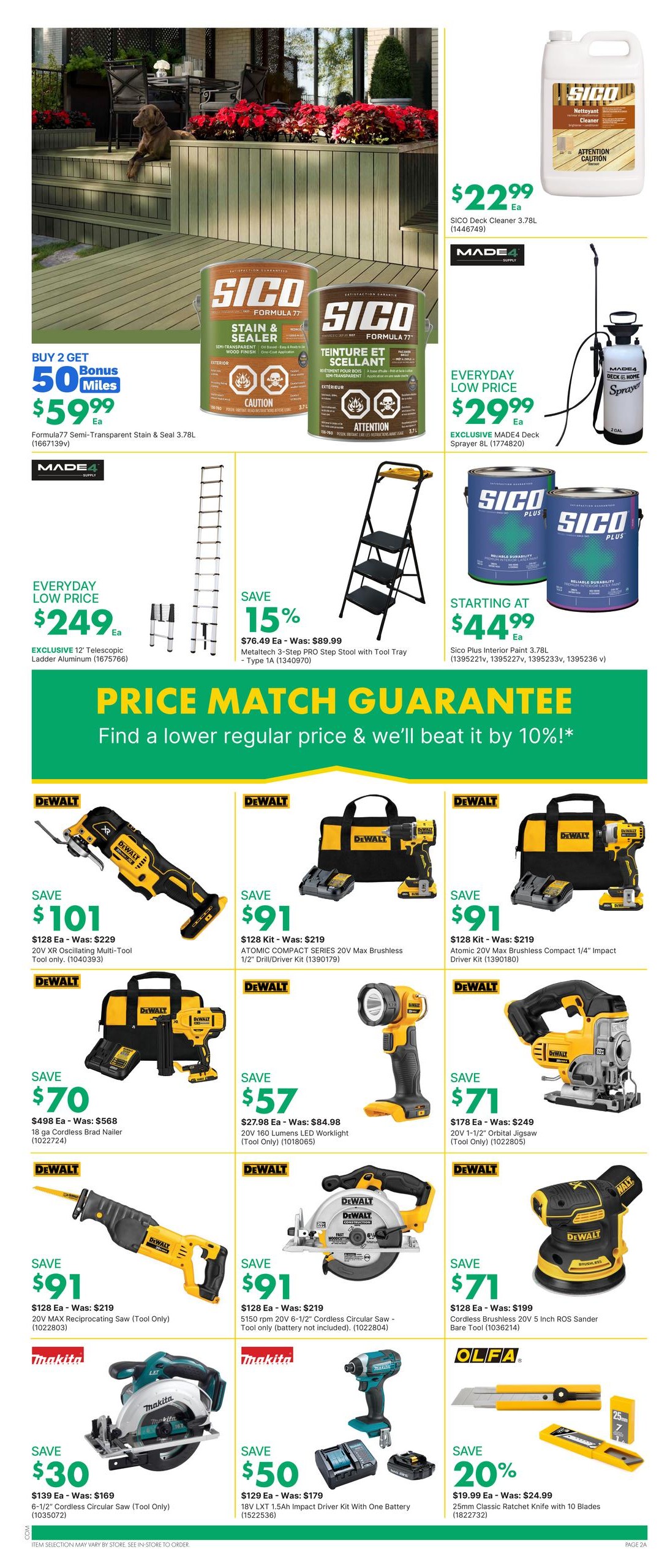 Page 3 of the kent flyer featuring a price match guarantee. Top section includes SICO Formula 77 Semi-Transparent Stain & Seal 3.78L on buy 2 get 50 bonus miles for $59.99, SICO Deck Cleaner 3.78L for $22.99, and MADE4 Deck Sprayer 8L for $29.99. Also featured are an exclusive 12' Telescopic Ladder Aluminum for $249 and a Metaltech 3-Step PRO Step Stool with Tool Tray on sale for 15% off, now $76.49 (was $89.99). Sico Plus Interior Paint 3.78L starts at $44.99. The bottom section showcases DeWalt power tools: 20V XR Oscillating Multi-Tool for $101 (save $128), ATOMIC COMPACT SERIES 20V Max Brushless 1/2' Drill/Driver Kit for $91 (save $128), 18 ga Cordless Brad Nailer for $70 (save $498), 20V 160 Lumens LED Worklight for $57 (save $27.98), ATOMIC COMPACT SERIES 20V Max Brushless 1/4' Impact Driver Kit for $91 (save $128), 20V MAX Reciprocating Saw (Tool Only) for $91 (save $128), 5150 rpm 20V 6-1/2' Cordless Circular Saw - Tool only (battery not included) for $91 (save $128), 20V 1-1/2' Orbital Jigsaw (Tool Only) for $71 (save $178), and a Cordless Brushless 20V 5 Inch ROS Sander Bare Tool for $71 (save $128). Makita tools include a 6-1/2' Cordless Circular Saw (Tool Only) for $30 (save $139) and an 18V LXT 1.5Ah Impact Driver Kit with One Battery for $50 (save $129). Olfa offers a 25mm Classic Ratchet Knife with 10 Blades for $19.99, saving 20% (was $24.99).