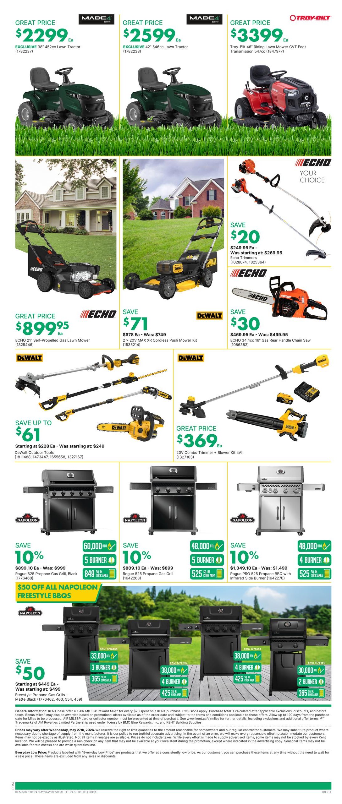 Kent weekly flyer specials page 6 features a selection of outdoor power equipment and BBQs. Top row includes MADE4 SUPPLY lawn tractors: an EXCLUSIVE 38' 452cc model for $2299 and an EXCLUSIVE 42' 546cc model for $2599. Also featured is a Troy-Bilt 46' Riding Mower CVT Foot Transmission 547cc for $3399. The middle section showcases ECHO products: a 21' Self-Propelled Gas Lawn Mower for $899.95, and ECHO Trimmers for $249.95, saving $20. A DEWALT 2x 20V MAX XR Cordless Push Mower Kit is on sale for $678, saving $71. An ECHO 34.4cc 16' Gas Rear Handle Chain Saw is available for $469.95, saving $30. DEWALT Outdoor Tools are on sale starting at $228, saving up to $61, including a 20V Combo Trimmer + Blower Kit 4Ah for $369. The bottom section highlights NAPOLEON BBQs. The Rogue 625 Propane Gas Grill, Black, 5 burner, 60,000 BTU is 10% off, priced at $899.10, saving $99.99. The Rogue 525 Propane Gas Grill, 5 burner, 48,000 BTU is also 10% off, priced at $809.10, saving $89.99. There is a $50 discount on all NAPOLEON FREESTYLE BBQs. Additional Napoleon grills featured include a 3 burner for $365, a 4 burner for $425, and another 4 burner for $425, and a 2 burner for $365.