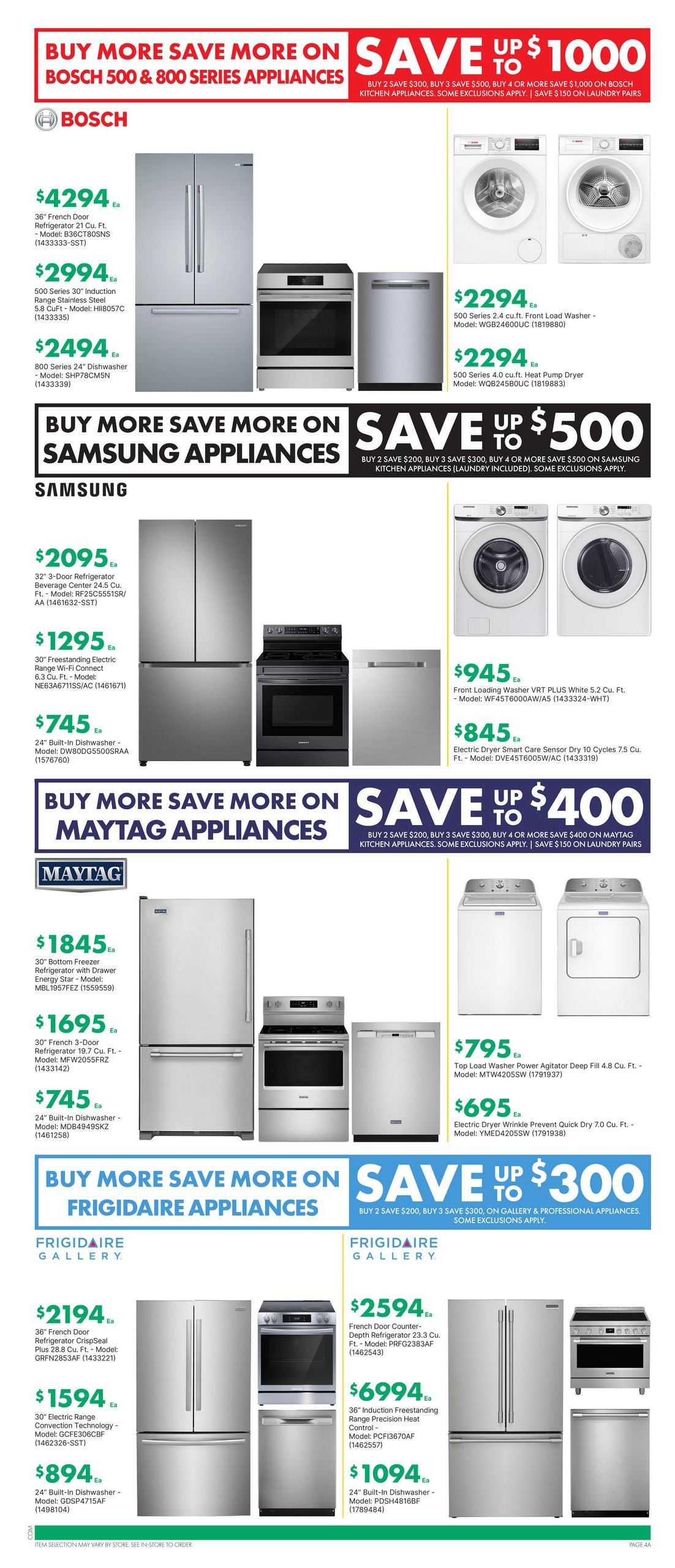 Kent weekly flyer specials page 7 features savings on major appliance brands. Save up to $1000 on Bosch 500 & 800 Series Appliances, including a 36' French Door Refrigerator for $4294, a 500 Series Induction Range for $2994, and a 800 Series Dishwasher for $2494. Also available are Bosch 500 Series Front Load Washer for $2294 and Heat Pump Dryer for $2294. Save up to $500 on Samsung Appliances, featuring a 32' 3-Door Refrigerator for $2095, a 30' Freestanding Electric Range for $1295, and a 24' Built-In Dishwasher for $745. Samsung washers and dryers are also on sale, with a Front Loading Washer for $945 and an Electric Dryer for $845. Save up to $400 on Maytag Appliances, including a 30' Bottom Freezer Refrigerator for $1845, a 30' French Door Refrigerator for $1695, and a 24' Built-In Dishwasher for $745. Maytag also offers a Top Load Washer for $795 and an Electric Dryer for $695. Save up to $300 on Frigidaire Gallery Appliances, with a 36' French Door Refrigerator for $2194, a 30' Electric Range for $1594, and a 24' Built-In Dishwasher for $894. Additionally, a French Door Counter-Depth Refrigerator is $2594, a 36' Induction Range is $6994, and a 24' Built-In Dishwasher is $1094.