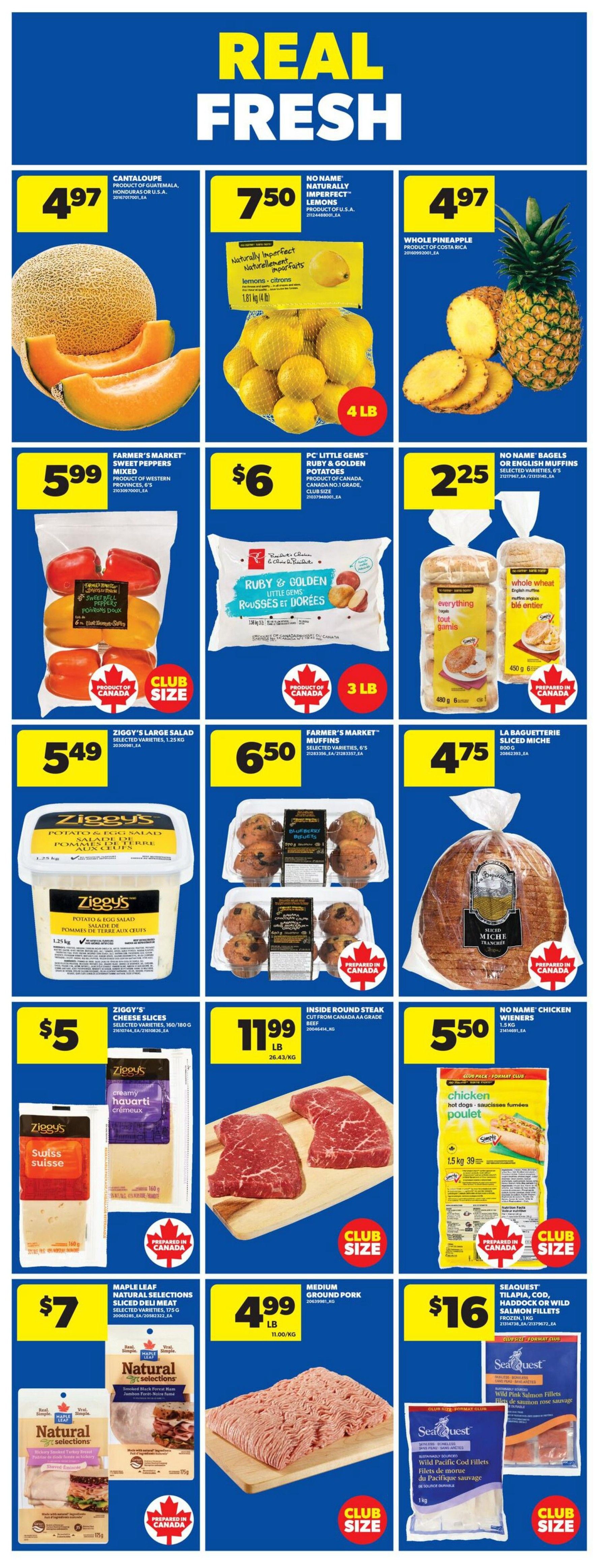 Wholesale Club weekly flyer specials page 2 features a variety of fresh produce and grocery items. Top row includes Cantaloupe for $4.97, No Name Naturally Imperfect Lemons for $7.50 per 4 lb bag, and a Whole Pineapple for $4.97. The second row offers Farmer's Market Sweet Peppers for $5.99, PC Little Gems Ruby & Golden Potatoes for $6 per 3 lb bag, and No Name Bagels or English Muffins for $2.25. The third row showcases Ziggy's Large Salad for $5.49, Farmer's Market Muffins for $6.50, and La Baguetterie Sliced Miche bread for $4.75. The fourth row features Ziggy's Cheese Slices for $5, Inside Round Steak for $11.99 per lb, and No Name Chicken Wieners for $5.50 per 1.5 kg package. The bottom row includes Maple Leaf Natural Selections Sliced Deli Meat for $7, Medium Ground Pork for $4.99 per lb, and Seaquest Wild Pink Salmon Fillets or Wild Pacific Cod Fillets for $16 per 1 kg package.60 per 1 kg package.