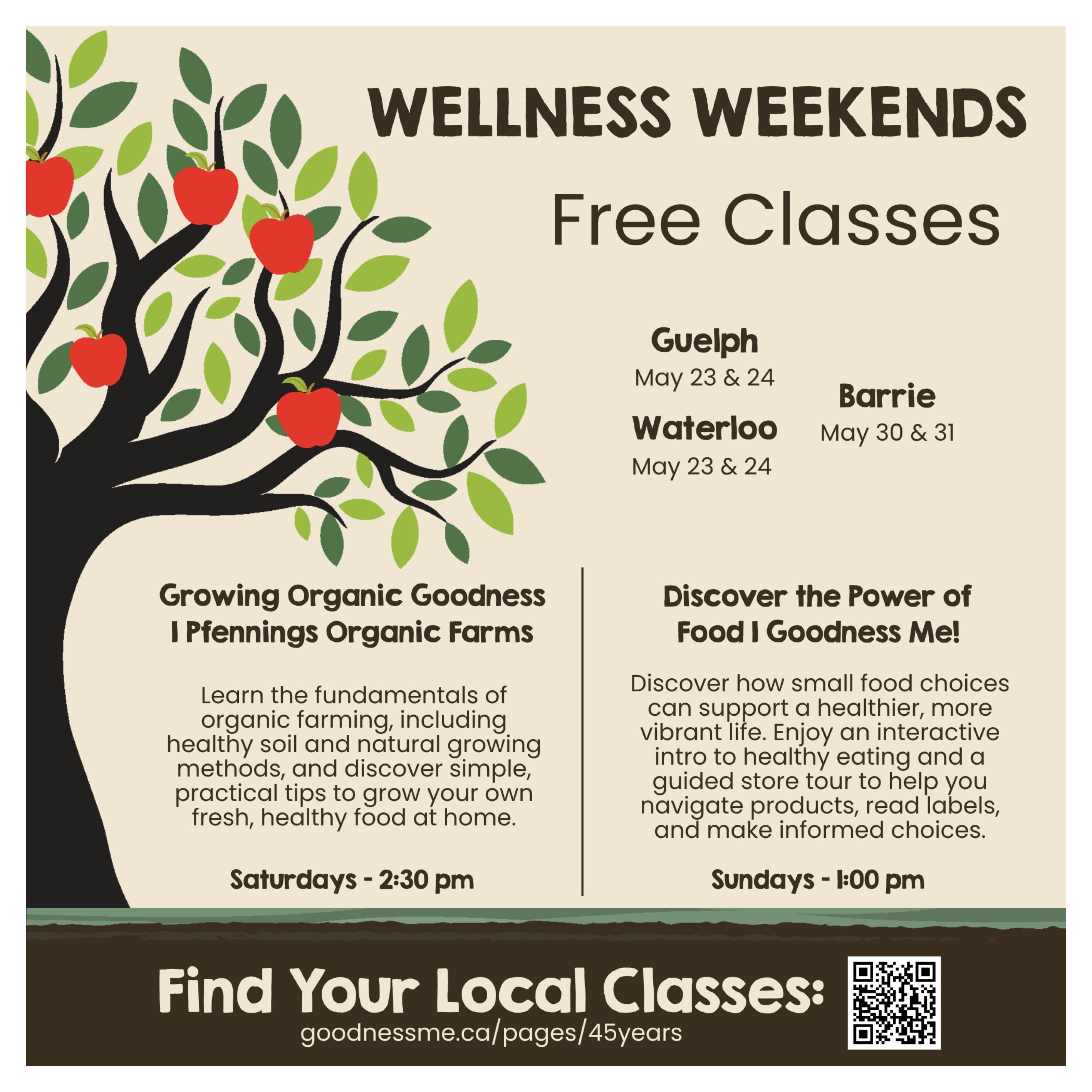 Goodness Me! flyer page 2 features 'Wellness Weekends Free Classes'. Learn about 'Growing Organic Goodness' with Pfenning's Organic Farms on Saturdays at 2:30 pm, covering organic farming fundamentals, healthy soil, natural growing methods, and tips for growing fresh food at home. Discover 'The Power of Food' with Goodness Me! on Sundays at 1:00 pm, an interactive intro to healthy eating and a guided store tour to help navigate products, read labels, and make informed choices. Classes are available in Guelph and Waterloo on May 23 & 24, and in Barrie on May 30 & 31. Find your local classes at goodnessme.ca/pages/45years.