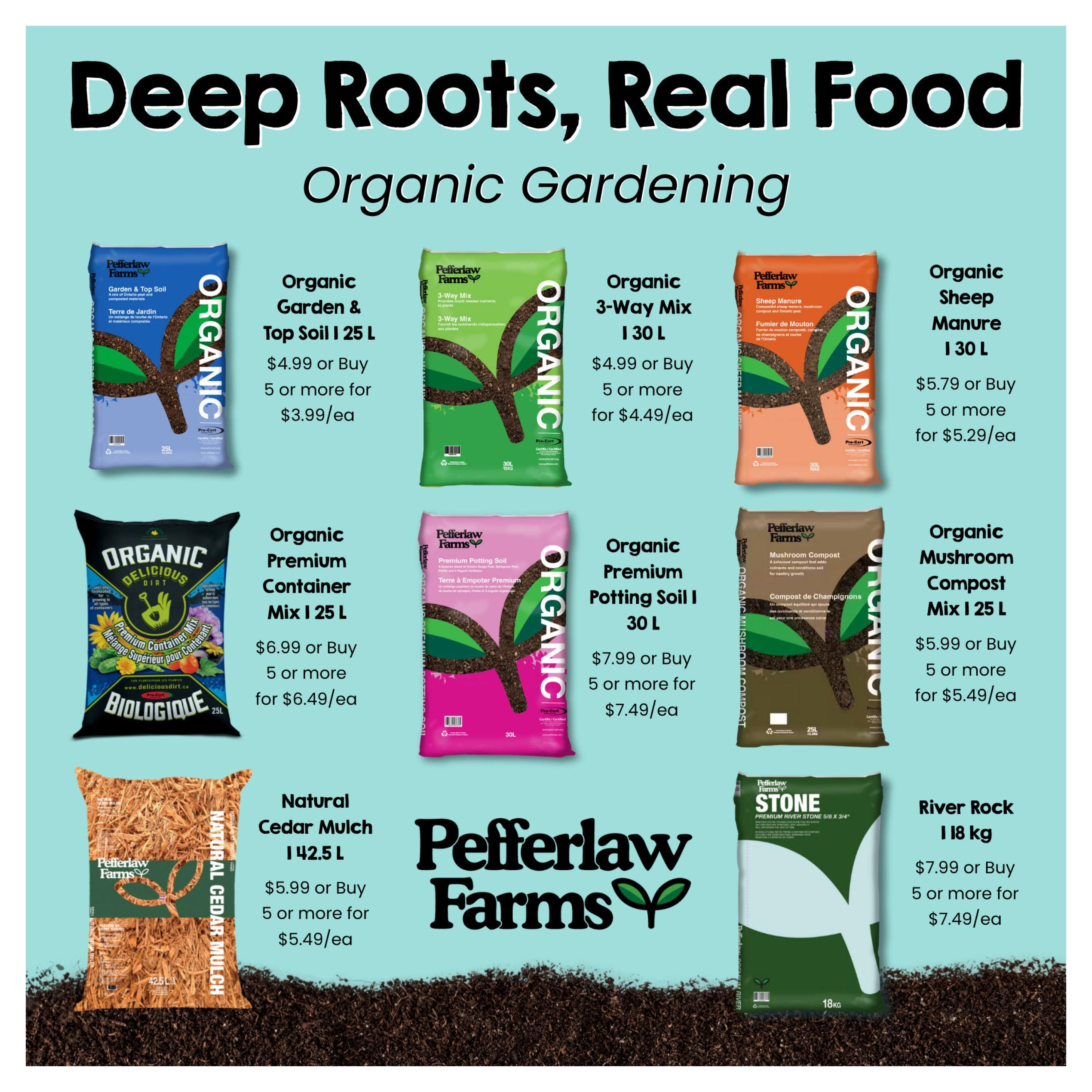Goodness Me! flyer page 7 features organic gardening supplies from Pefllerlaw Farms. Products include Organic Garden & Top Soil 25 L for $4.99 or buy 5 or more for $3.99/ea, Organic 3-Way Mix 30 L for $4.99 or buy 5 or more for $4.49/ea, Organic Sheep Manure 30 L for $5.79 or buy 5 or more for $5.29/ea, Organic Premium Container Mix I 25 L for $6.99 or buy 5 or more for $6.49/ea, Organic Premium Potting Soil I 30 L for $7.99 or buy 5 or more for $7.49/ea, Organic Mushroom Compost Mix I 25 L for $5.99 or buy 5 or more for $5.49/ea, Natural Cedar Mulch I 42.5 L for $5.99 or buy 5 or more for $5.49/ea, and River Rock I 18 kg for $7.99 or buy 5 or more for $7.49/ea. The page title is 'Deep Roots, Real Food Organic Gardening'.