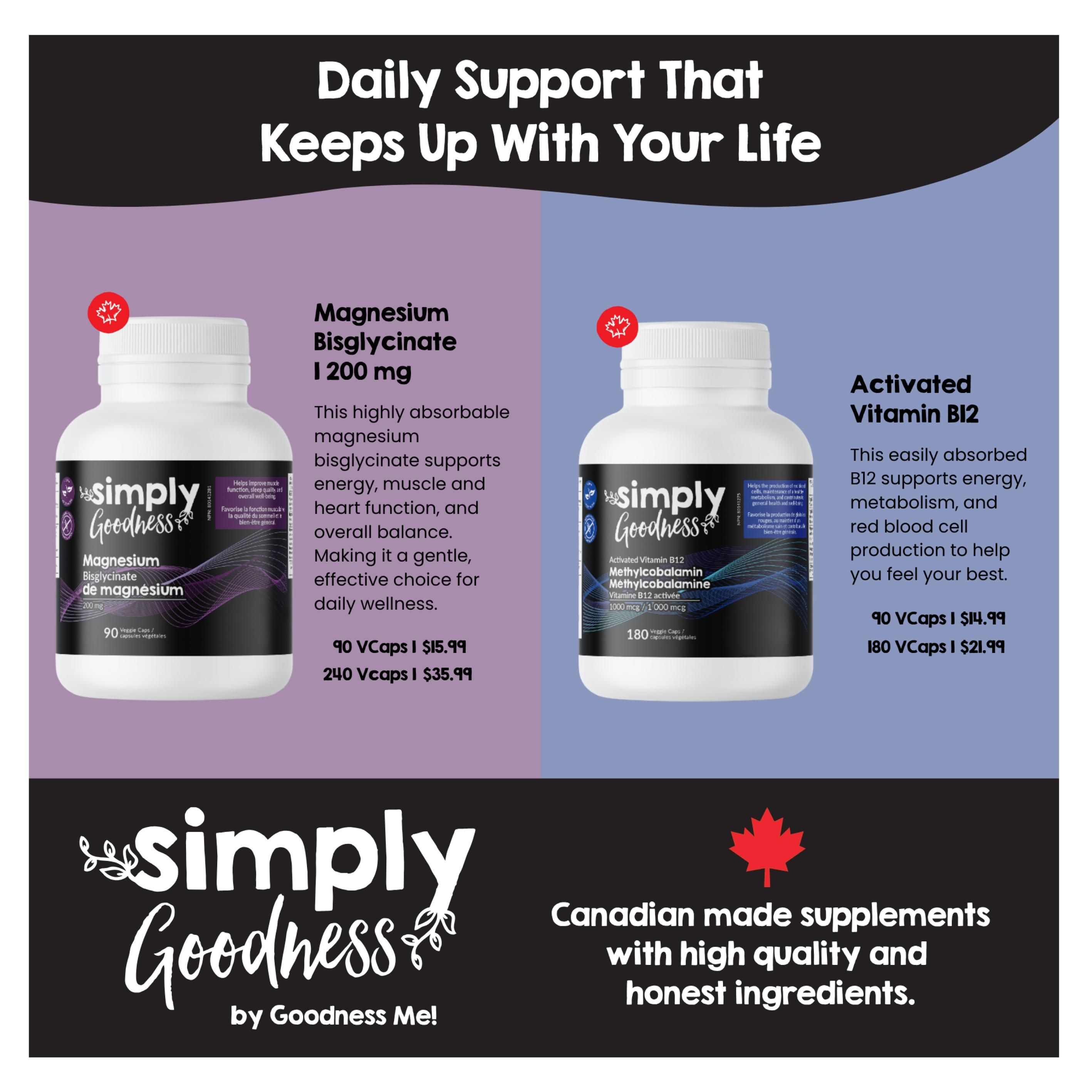 Goodness Me! flyer page 14 features Simply Goodness supplements. On the left, Magnesium Bisglycinate 200 mg is described as highly absorbable, supporting energy, muscle and heart function, and overall balance. It's available in 90 VCaps for $15.99 and 240 VCaps for $35.99. On the right, Activated Vitamin B12 (Methylcobalamin) 1000 mcg is highlighted for supporting energy, metabolism, and red blood cell production. It comes in 90 VCaps for $14.99 and 180 VCaps for $21.99. The page also features the Simply Goodness logo and states 'Canadian made supplements with high quality and honest ingredients.'
