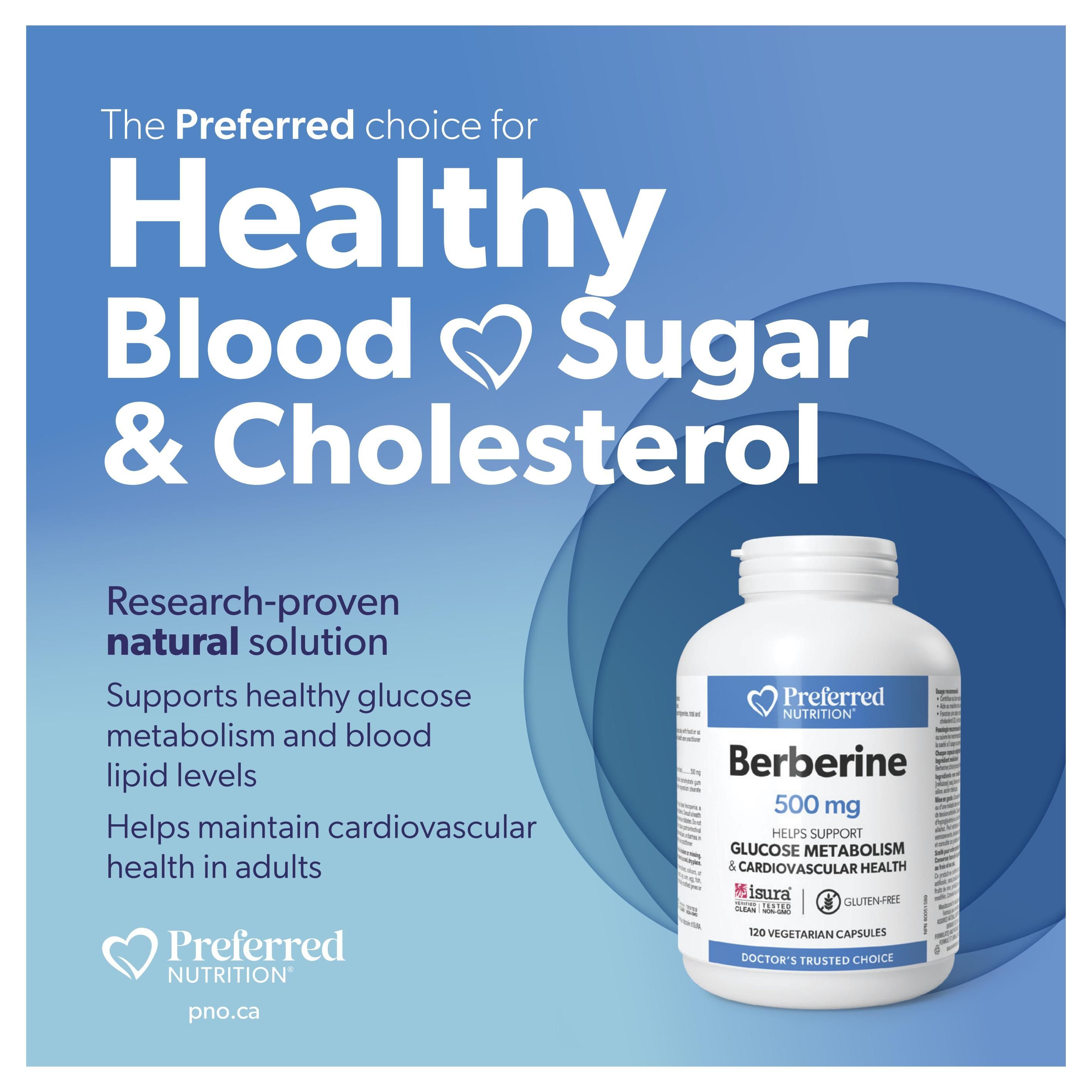 Goodness Me! flyer page featuring Preferred Nutrition Beriberine 500 mg, a research-proven natural solution for healthy blood sugar and cholesterol. This product supports healthy glucose metabolism and cardiovascular health in adults. It contains 120 vegetarian capsules and is Isura verified clean, tested non-GMO, and gluten-free. The bottle is labelled 'Doctor's Trusted Choice'.