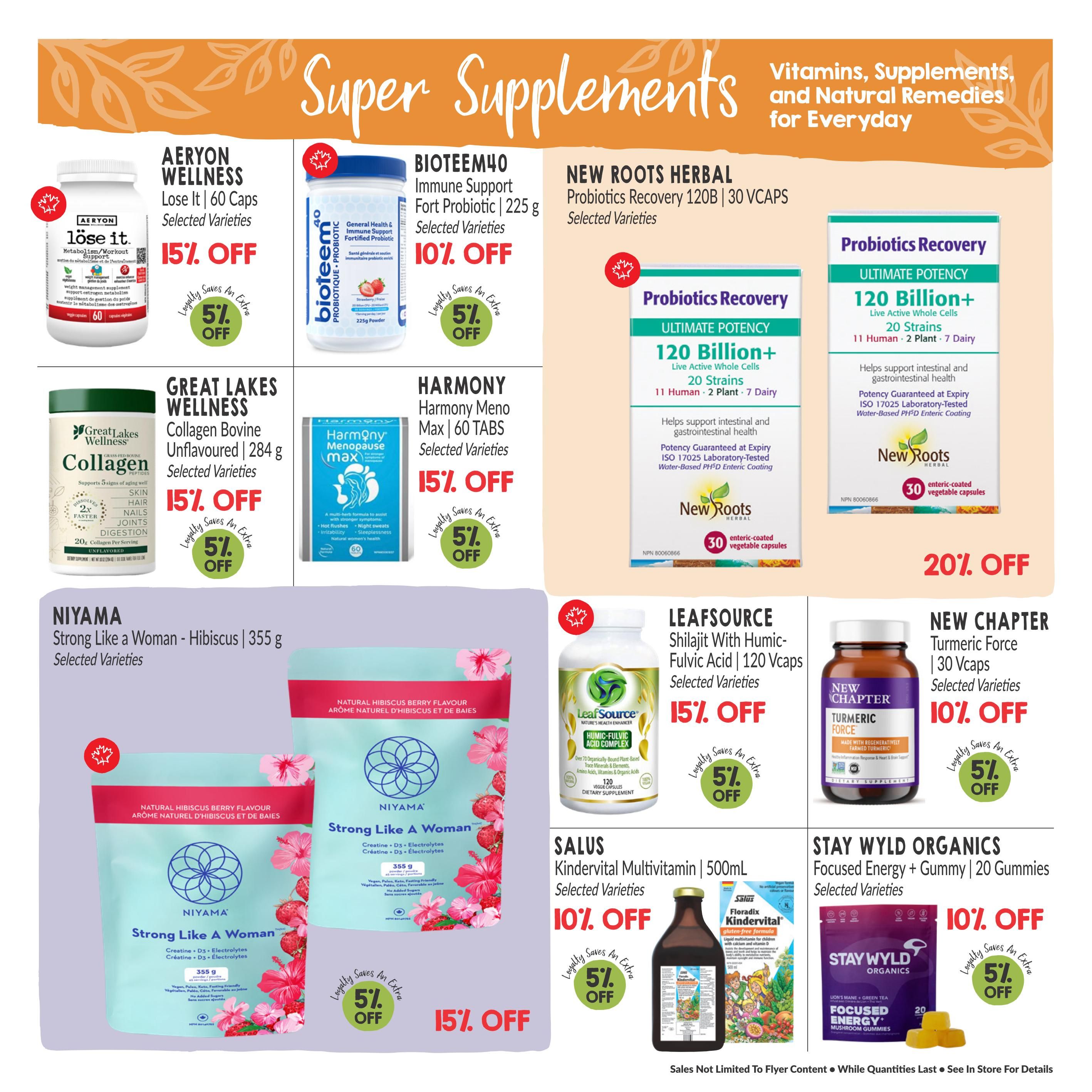 Goodness Me! flyer page featuring Super Supplements. Offers include Aeryon Wellness Lose It! 60 Caps at 15% off, Bioteem40 Immune Support Fort Probiotic 225g at 10% off, and New Roots Herbal Probiotics Recovery 120B 30 Vcaps at 20% off. Also featured are Great Lakes Wellness Collagen Bovine Unflavoured 284g at 15% off, Harmony Meno Max 60 Tabs at 15% off, Leafsource Shilajit With Humic-Fulvic Acid 120 Vcaps at 15% off, and New Chapter Turmeric Force 30 Vcaps at 10% off. Niyama Strong Like a Woman - Hibiscus 355g is also on sale. Salus Kindervital Multivitamin 500ml is 10% off, and Stay Wyld Organics Focused Energy + Gummy 20 Gummies are 10% off. Many products offer an additional 5% off with loyalty. All prices and specific discounts are visible on the page.