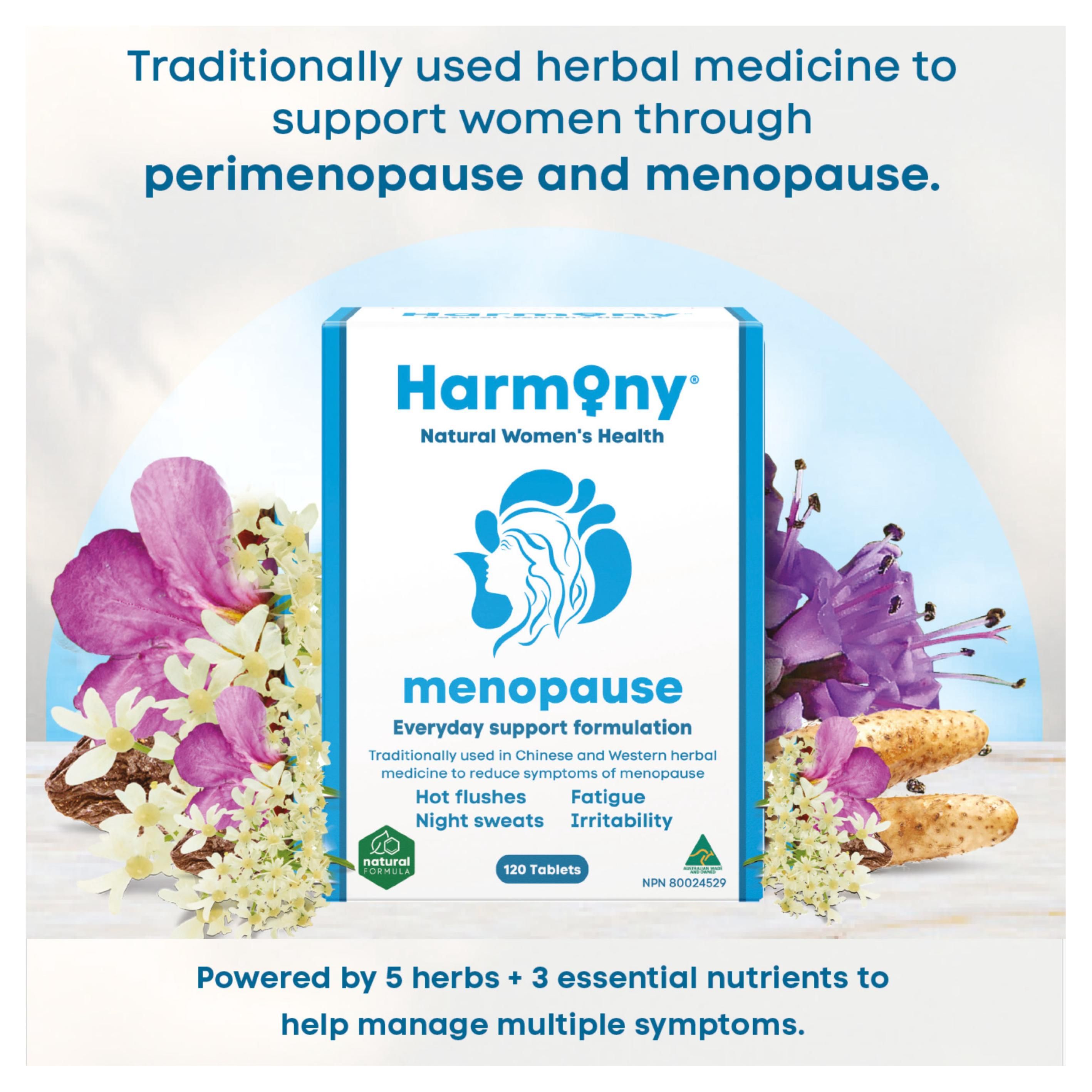 Harmony Natural Women's Health Menopause Everyday Support Formulation, a bottle of 120 tablets. This product is traditionally used in Chinese and Western herbal medicine to reduce symptoms of menopause such as hot flushes, fatigue, night sweats, and irritability. It is powered by 5 herbs and 3 essential nutrients to help manage multiple symptoms. The product is Australian made and owned with NPN 80024529. This page is from the Goodness Me! Weekly Flyer Specials, valid from May 20 to May 26, 2026.