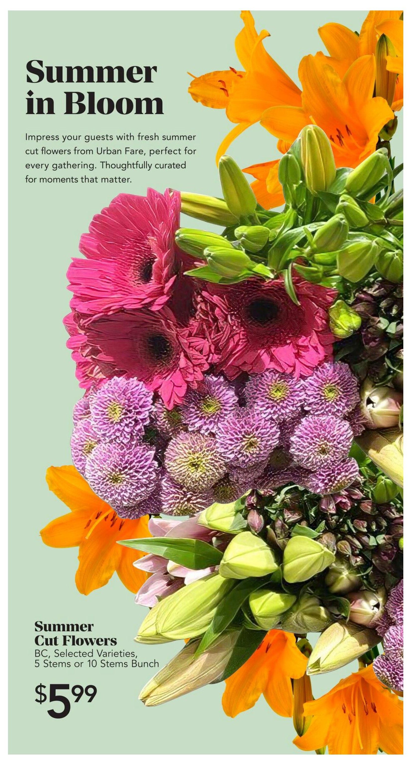 Urban Fare weekly flyer specials page 3 features 'Summer in Bloom' with a selection of fresh summer cut flowers. The page highlights 'Summer Cut Flowers' available in BC, selected varieties, as a 5-stem or 10-stem bunch for $5.99. The image showcases a vibrant bouquet with pink gerbera daisies, purple chrysanthemums, and orange lilies.