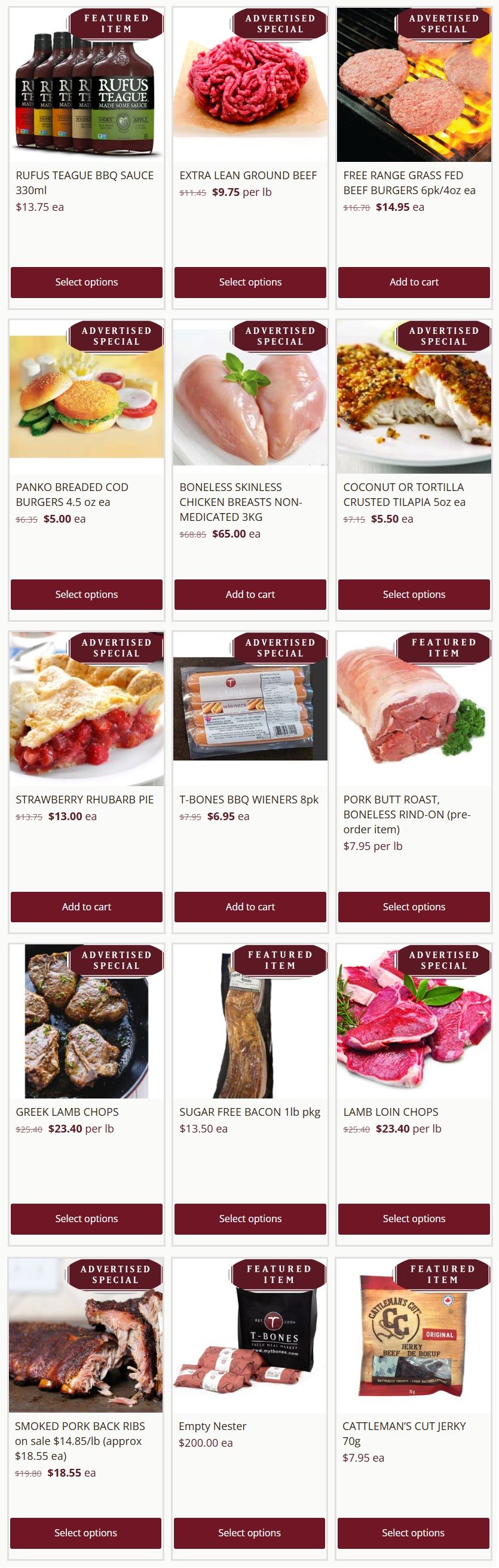 T-Bone's flyer featuring a variety of meat and specialty items. Advertised specials include Extra Lean Ground Beef for $9.75 per lb, originally $11.45. Free Range Grass Fed Beef Burgers, 6-pack of 4oz each, are $14.95, down from $16.70. Panko Breaded Cod Burgers, 4.5 oz each, are $5.00, reduced from $6.35. Boneless Skinless Non-Medicated Chicken Breasts, 3kg, are $65.00, originally $68.85. Coconut or Tortilla Crusted Tilapia, 5oz each, is $5.50, down from $7.15. Strawberry Rhubarb Pie is $13.00 each, originally $13.75. T-Bone's BBQ Wieners, 8-pack, are $6.95, reduced from $7.95. Greek Lamb Chops are $23.40 per lb, originally $25.40. Lamb Loin Chops are also $23.40 per lb, down from $25.40. Smoked Pork Back Ribs are on sale for $14.85 per lb, approximately $18.55 each, reduced from $19.80. Featured items include Rufus Teague BBQ Sauce, 330ml, for $13.75 each. Pork Butt Roast, Boneless Rind-On (pre-order item), is $7.95 per lb. Sugar Free Bacon, 1lb package, is $13.50 each. The 'Empty Nester' item is priced at $200.00 each. Cattleman's Cut Jerky, 70g, is $7.95 each.