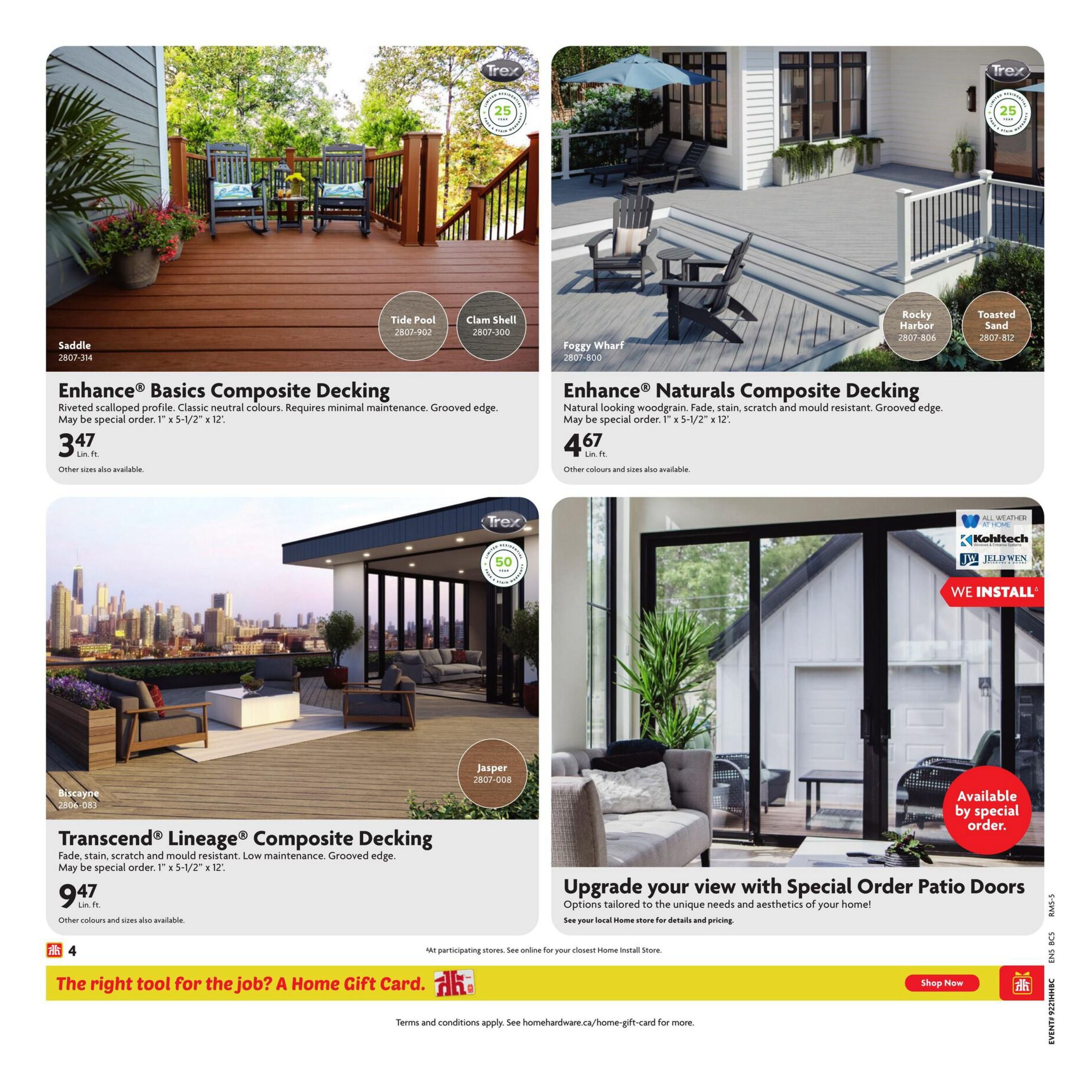 Home Hardware flyer page 5 features Trex composite decking. Enhance Basics Composite Decking in Saddle colour is available for $3.47 lin. ft., with Tide Pool and Clam Shell also available. Enhance Naturals Composite Decking in Foggy Wharf colour is $4.67 lin. ft., with Rocky Harbor and Toasted Sand options. Transcend Lineage Composite Decking in Biscayne and Jasper colours is $9.47 lin. ft. All decking options are fade, stain, scratch, and mould resistant with a grooved edge and may be special order. The page also advertises 'Upgrade your view with Special Order Patio Doors' and 'The right tool for the job? A Home Gift Card.' with a 'Shop Now' button.