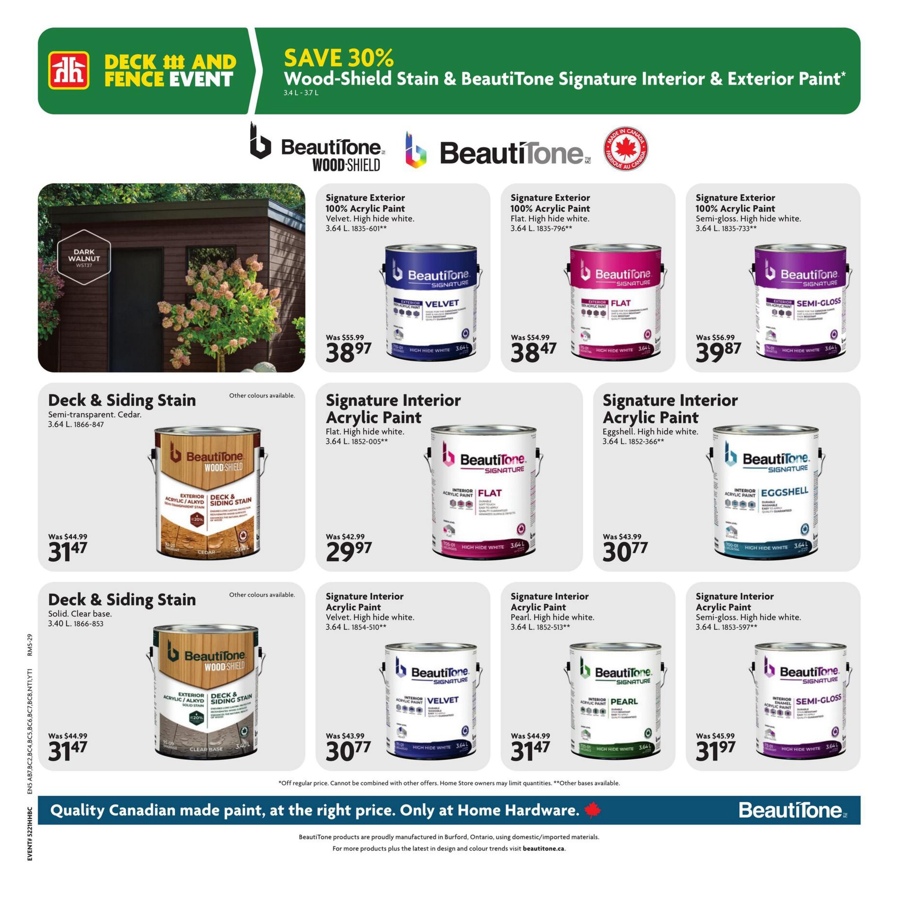 Home Hardware flyer page 14 features the Deck and Fence Event with savings of 30% on Wood-Shield Stain and BeautiTone Signature Interior & Exterior Paint. Featured products include BeautiTone Signature Exterior 100% Acrylic Paint in Velvet, Flat, and Semi-Gloss finishes, all in high hide white, 3.64 L, priced at $38.97, $38.47, and $39.87 respectively. Also available are BeautiTone Signature Interior Acrylic Paint in Flat (high hide white, 3.64 L) for $29.97, Eggshell (high hide white, 3.64 L) for $30.77, Velvet (high hide white, 3.64 L) for $30.77, and Pearl (high hide white, 3.64 L) for $31.47. Deck & Siding Stain in Semi-transparent Cedar, 3.40 L, is on sale for $31.47, down from $44.99, with a 20% discount visible on the can. Another Deck & Siding Stain in Solid Clear base, 3.40 L, is also priced at $31.47. The flyer highlights 'Quality Canadian made paint, at the right price. Only at Home Hardware.
