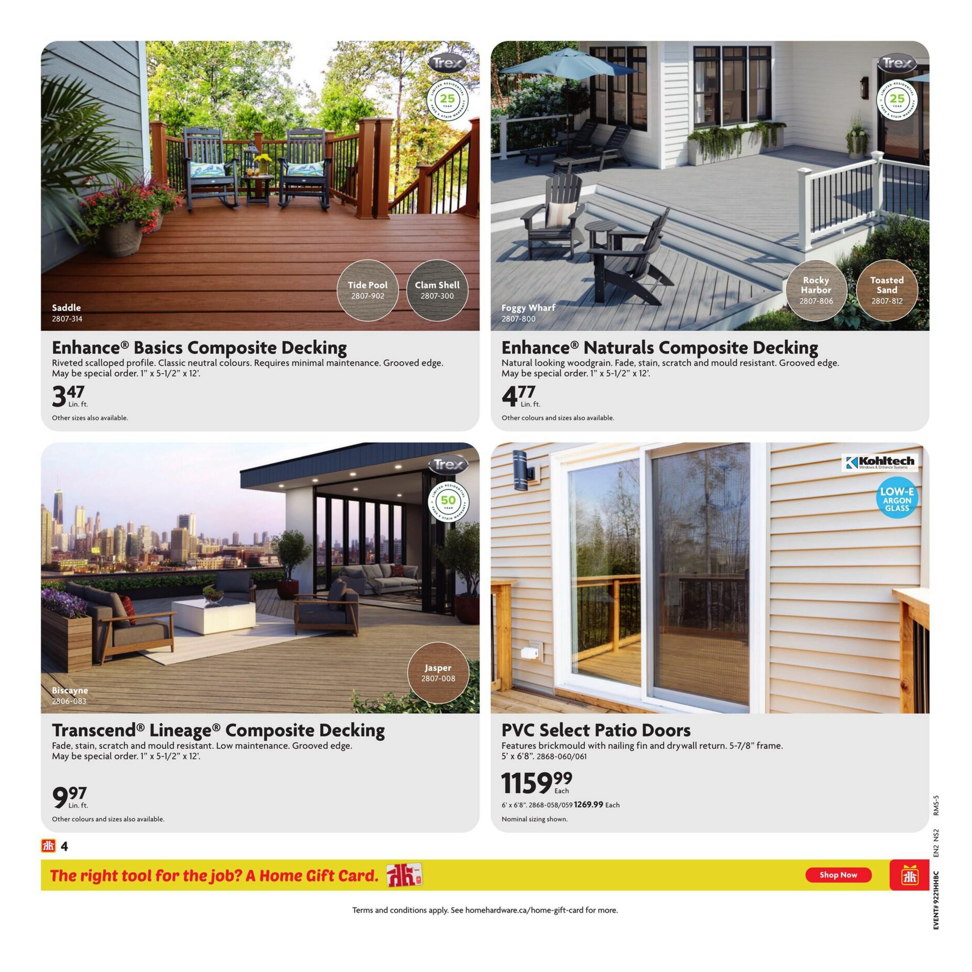 Home Hardware Atlantic flyer page 5 features various decking and door options. Enhance Basics Composite Decking in Saddle colour is available for $3.47 per linear foot, with other sizes available. Enhance Naturals Composite Decking in Foggy Wharf, Rocky Harbor, and Toasted Sand colours is priced at $4.77 per linear foot. Transcend Lineage Composite Decking in Biscayne colour is $9.97 per linear foot, with other colours and sizes available. Also featured are Kohltech PVC Select Patio Doors, 6' x 6'8' in size, for $1159.99 each, with a regular price of $1269.99. The page also promotes a Home Gift Card. The flyer is valid from May 21 to June 3, 2026.