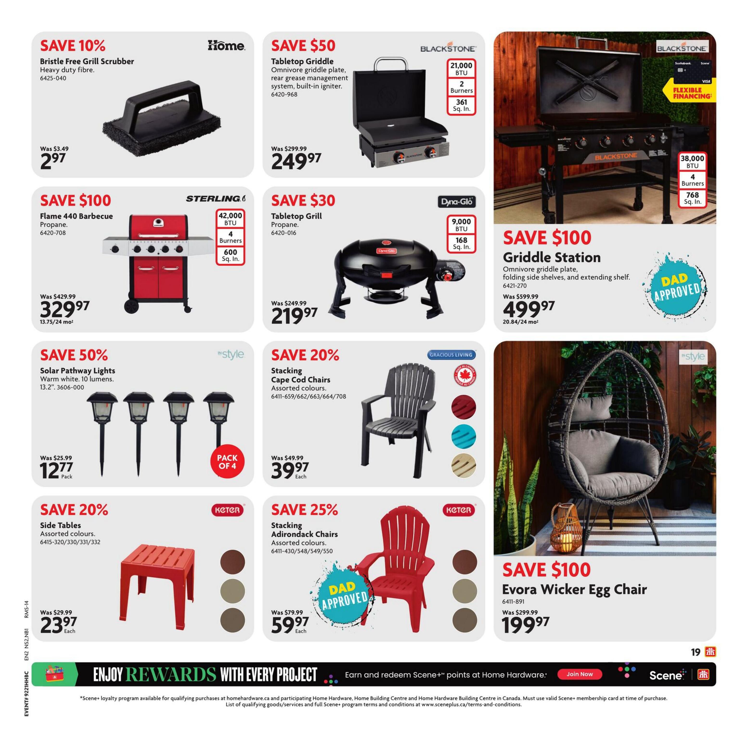 Home Hardware flyer page 20 features outdoor living and grilling items. Save 10% on Bristle Free Grill Scrubber for $2.97. Save $100 on Flame 440 Barbecue for $329.97. Save 50% on Solar Pathway Lights (pack of 4) for $12.77. Save 20% on Side Tables in assorted colours for $23.97 each. Blackstone Tabletop Griddle is on sale for $249.97, saving $50. Dyna-Glo Tabletop Grill is $219.97, saving $30. Blackstone Griddle Station is $499.97, saving $100. Gracious Living Stacking Cape Cod Chairs are $39.97 each, saving 20%. Save 25% on Keter Stacking Adirondack Chairs for $59.97 each. Save $100 on the Evora Wicker Egg Chair for $199.97. The bottom of the page promotes 'Enjoy Rewards with Every Project' and Scene+ points.