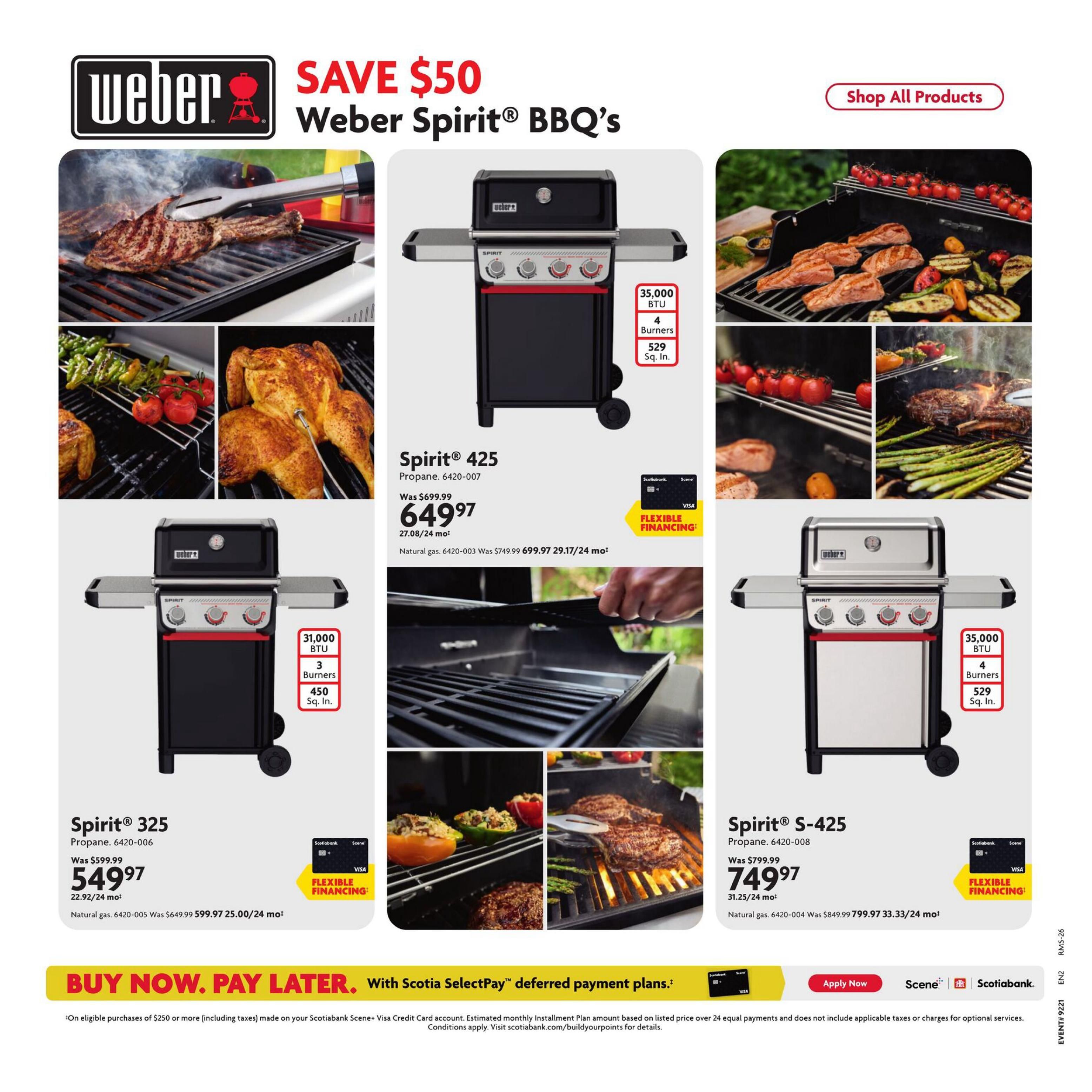 Home Hardware flyer page 28 features Weber Spirit BBQ's with savings up to $50. The Weber Spirit 425 propane grill is on sale for $649.97, originally $699.99, with 35,000 BTU and 4 burners. The Weber Spirit 325 propane grill is priced at $549.97, down from $599.99, featuring 31,000 BTU and 3 burners with 450 sq. in. cooking space. The Weber Spirit S-425 propane grill is available for $749.97, marked down from $799.99, offering 35,000 BTU and 4 burners with 529 sq. in. cooking space. Flexible financing options are available for all models with Scotiabank Scene+ Visa. The page also includes images of various foods being grilled, such as steak, chicken, fish, vegetables, and stuffed peppers. A banner at the bottom promotes 'Buy Now, Pay Later' with Scotiabank SelectPay deferred payment plans.