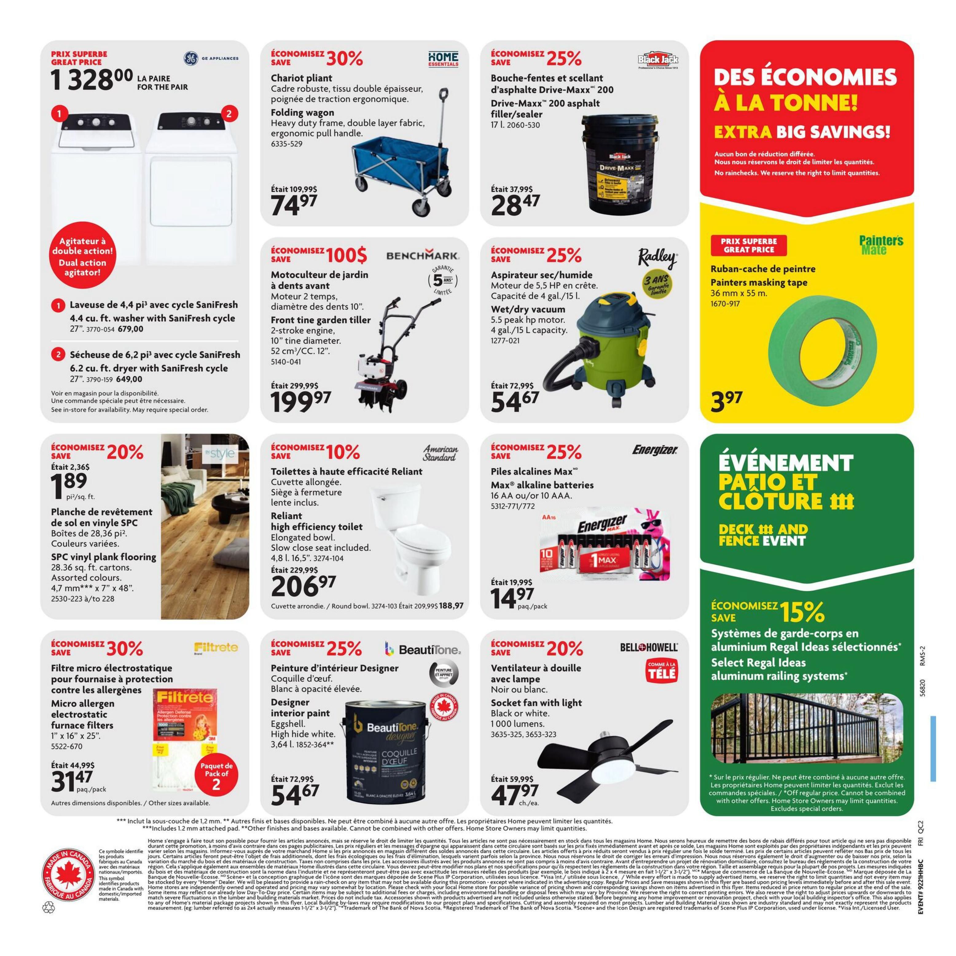 Home Hardware Quebec flyer, page 2. Features a GE Appliances washer and dryer pair on sale for $1328.00. Also available is a folding wagon for $74.97 (30% off), Drive-Maxx 200 asphalt filler/sealer for $28.47 (25% off), and a Benchmark 5-year limited warranty front tine garden tiller for $199.97 (save $100). A 4/15 L wet/dry vacuum is on sale for $54.67 (25% off). Style SPC vinyl plank flooring is 20% off at $1.89 per sq. ft. A Reliant high efficiency toilet is $206.97 (10% off). Filtrete micro electrostatic furnace filters are $31.47 per pack (30% off). Designer interior paint in Eggshell, high hide white, is $54.67 (25% off). Energizer Max alkaline batteries are $14.97 per pack (25% off). Bell+Howell socket fan with light is $47.97 each (20% off). Regal Ideas aluminum railing systems are 15% off.