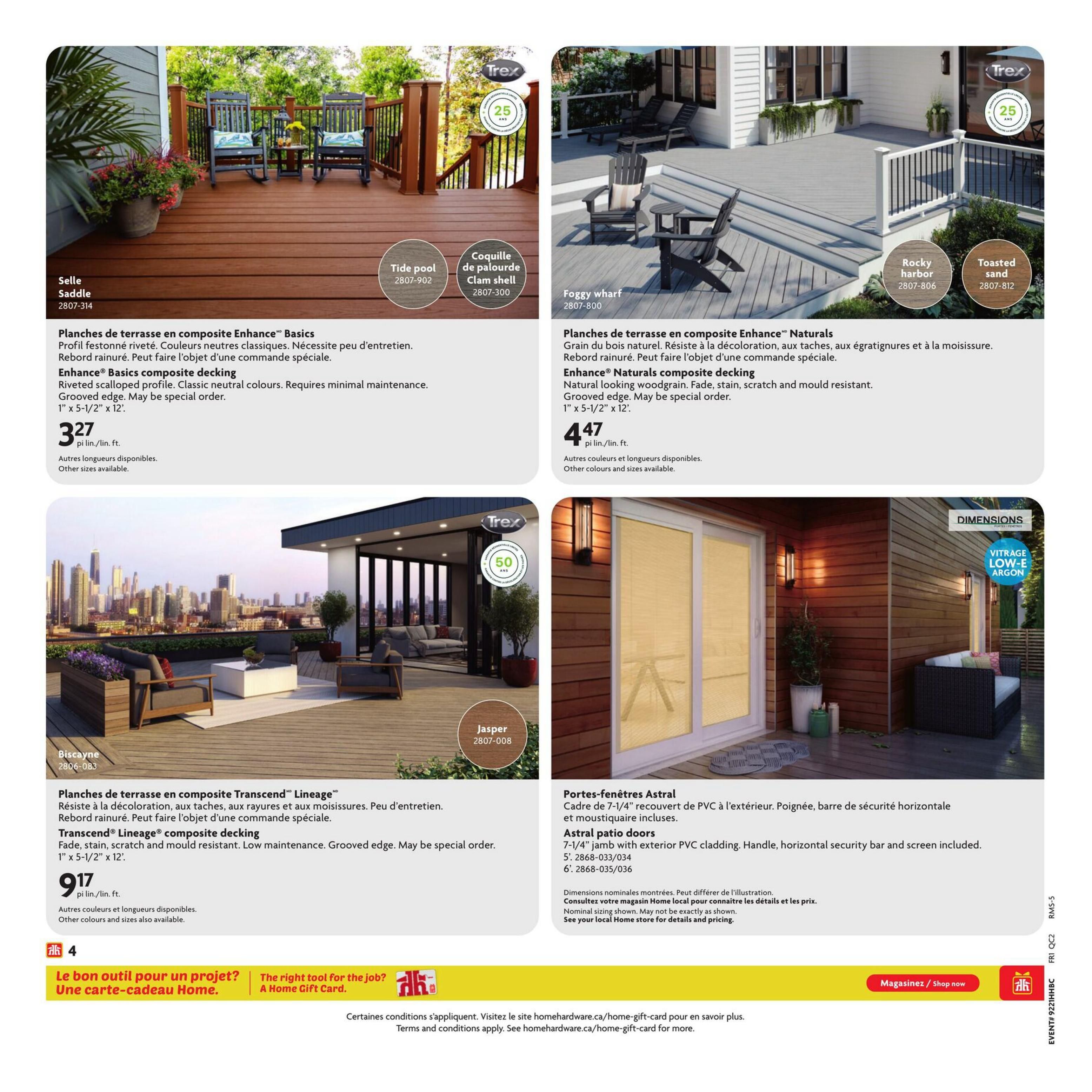 Home Hardware Quebec flyer, page 5. Features Trex composite decking options. Enhance Basics composite decking in Saddle colour is $3.27 per linear foot, with a 25-year warranty. Enhance Naturals composite decking in Foggy wharf, Rocky harbor, and Toasted sand colours is $4.47 per linear foot, offering fade, stain, scratch, and mould resistance. Transcend Lineage composite decking in Biscayne colour is $9.17 per linear foot, with a 50-year warranty and low maintenance. Also features Astral patio doors with 7-1/4' jamb, PVC cladding, horizontal security bar, and screen included. Other sizes and colours are available for decking. A Home Gift Card is promoted as the right tool for any project.