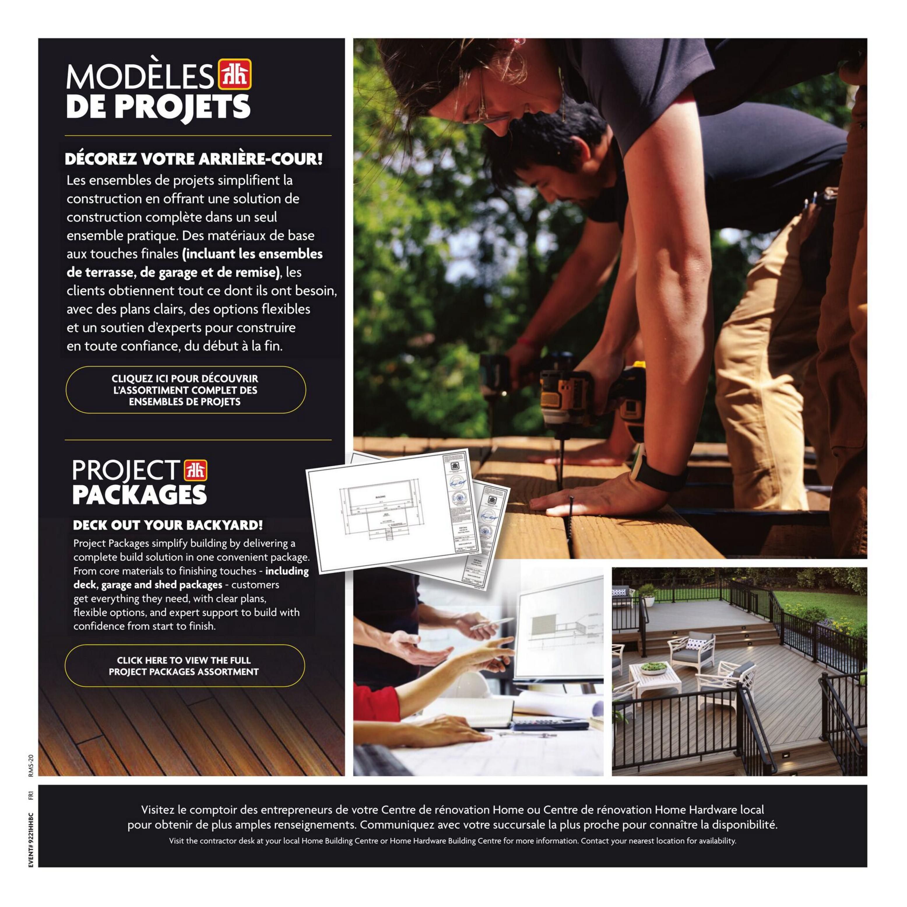 Home Hardware flyer page 8 showcases Project Packages for home renovations. The page features 'Project Packages' with the tagline 'Deck Out Your Backyard!'. It explains that these packages simplify construction by offering complete build solutions including core materials and finishing touches, with options for deck, garage, and shed packages. Customers receive clear plans, flexible options, and expert support. A call to action invites users to 'Click here to view the full project packages assortment'. The page also includes images of people working on a deck, blueprints, and a finished deck. A footer message in English and French encourages visitors to 'Visit the contractor desk at your local Home Building Centre or Home Hardware Building Centre for more information. Contact your nearest location for availability.