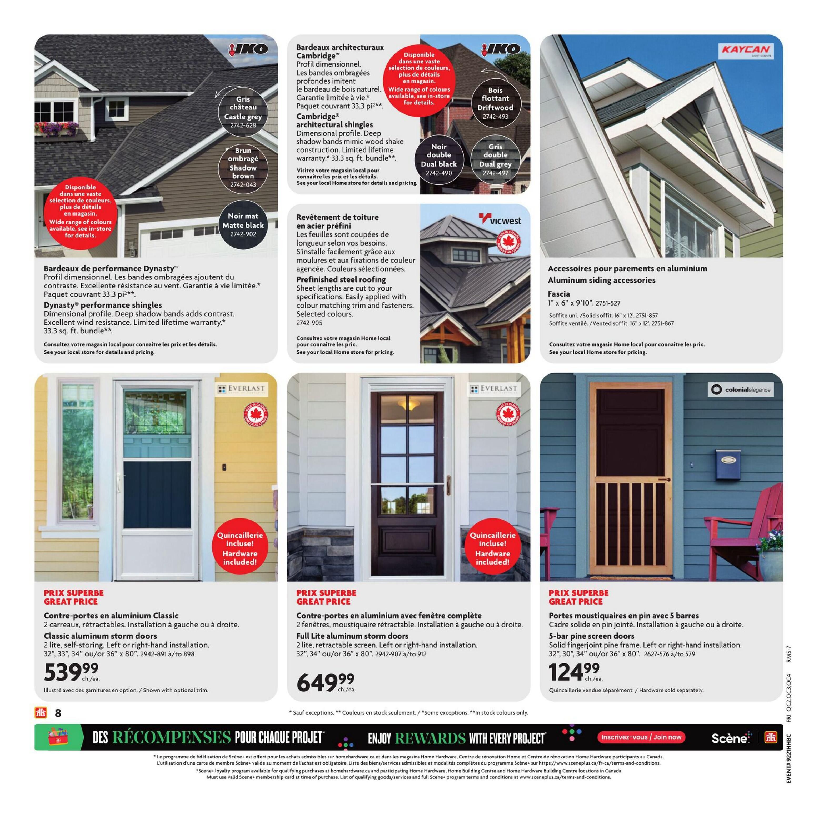 Home Hardware Quebec flyer, page 9. Features IKO Cambridge architectural shingles in Castle Grey, Shadow Brown, and Matte Black, with Dual Black and Dual Grey options. Also showcases Vicwest prefinished steel roofing in selected colours. Aluminum siding accessories include Fascia in 1' x 6' x 9'10' and soffits. Below, find Everlast Classic aluminum storm doors in 32', 33', 34' or 36' widths for $539.99 each, with hardware included. Full lite aluminum storm doors are available in 32', 34' or 36' widths for $649.99 each, with hardware included. Colonial Elegance 5-bar screen doors made of solid fingerjoint pine are offered in 32', 30', 34' or 36' widths for $124.99 each, with hardware sold separately. The bottom of the page highlights 'Enjoy Rewards with Every Project' and Scene+ loyalty program details.