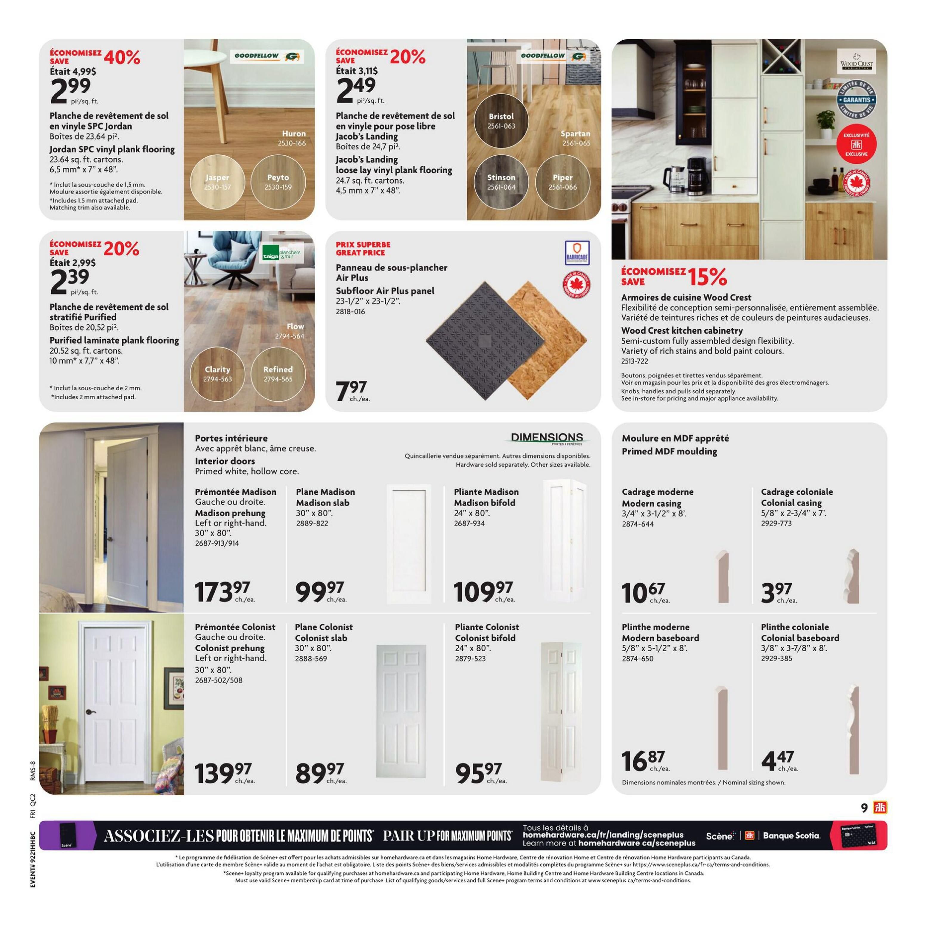 Home Hardware flyer page 10 featuring flooring, subflooring, doors, and moulding. Save 40% on Jordan SPC vinyl plank flooring at $2.99 per sq. ft. and save 20% on Purified laminate plank flooring at $2.39 per sq. ft. Also featured is Subfloor Air Plus panel for $7.97. Interior doors are available, including Primed white, hollow core Madison prehung doors at $173.97, Madison slab doors at $99.97, and Madison bifold doors at $109.97. Colonist prehung doors are $139.97 and Colonist slab doors are $89.97. Wood Crest kitchen cabinetry is on sale for 15% off. Primed MDF moulding includes Modern casing at $10.67 and Colonial casing at $3.97. Modern baseboard is $16.87 and Colonial baseboard is $4.47. The bottom of the page promotes pairing purchases for maximum Scene+ points.