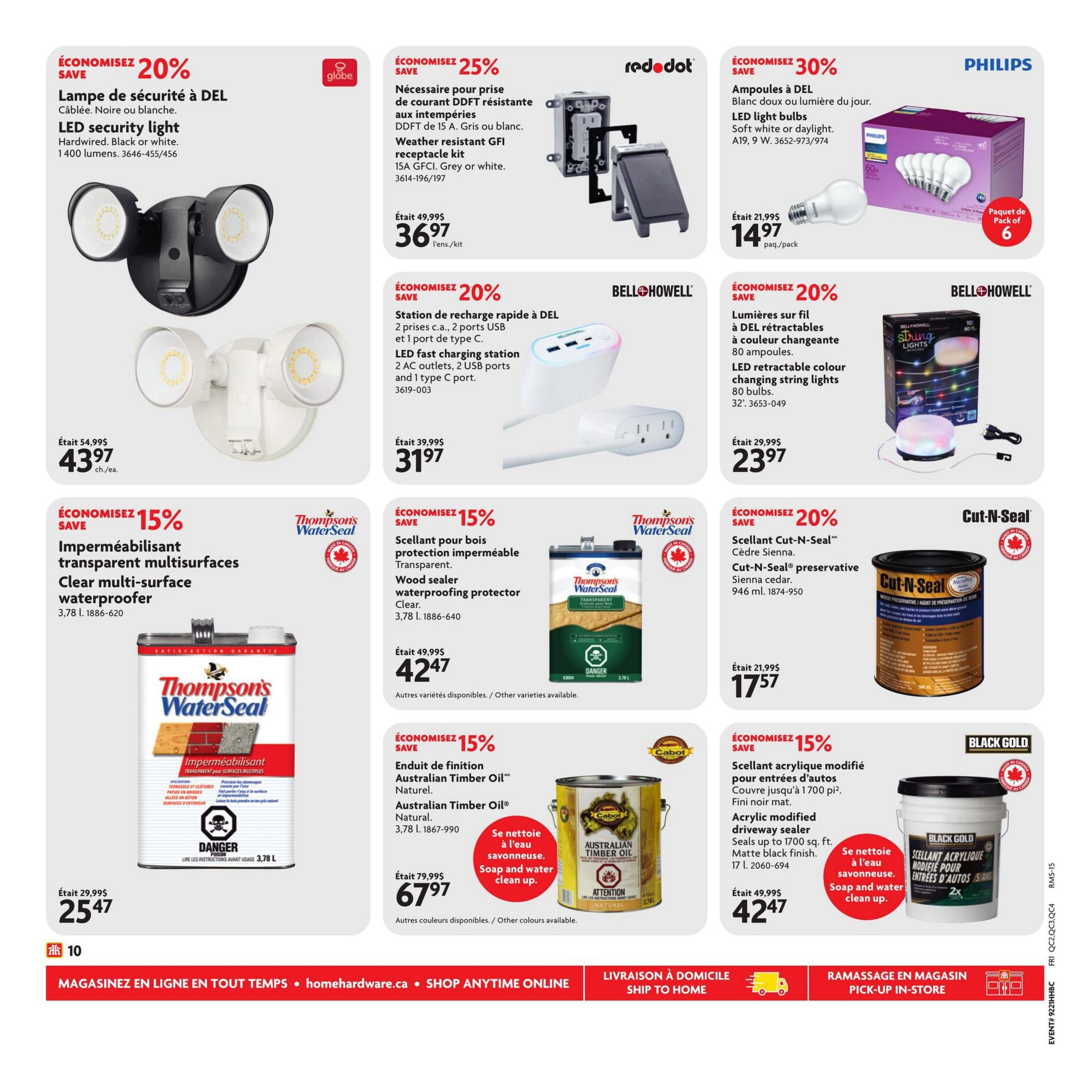 Home Hardware flyer page 11 features a 20% discount on DEL security lights, now $43.97. Also available is a 25% off weather-resistant GFI receptacle kit for $36.97. Bell+Howell offers a DEL fast charging station for $31.97 and LED retractable colour changing string lights for $23.97 with a 20% saving. Philips LED light bulbs are 30% off at $14.97. Thompson's WaterSeal offers clear multi-surface waterproofer at 15% off for $42.47 and wood sealer for $42.47. Cabot Australian Timber Oil is 15% off, priced at $67.97. Black Gold acrylic modified driveway sealer is 15% off, selling for $42.47. The flyer also highlights online shopping and in-store pickup options.