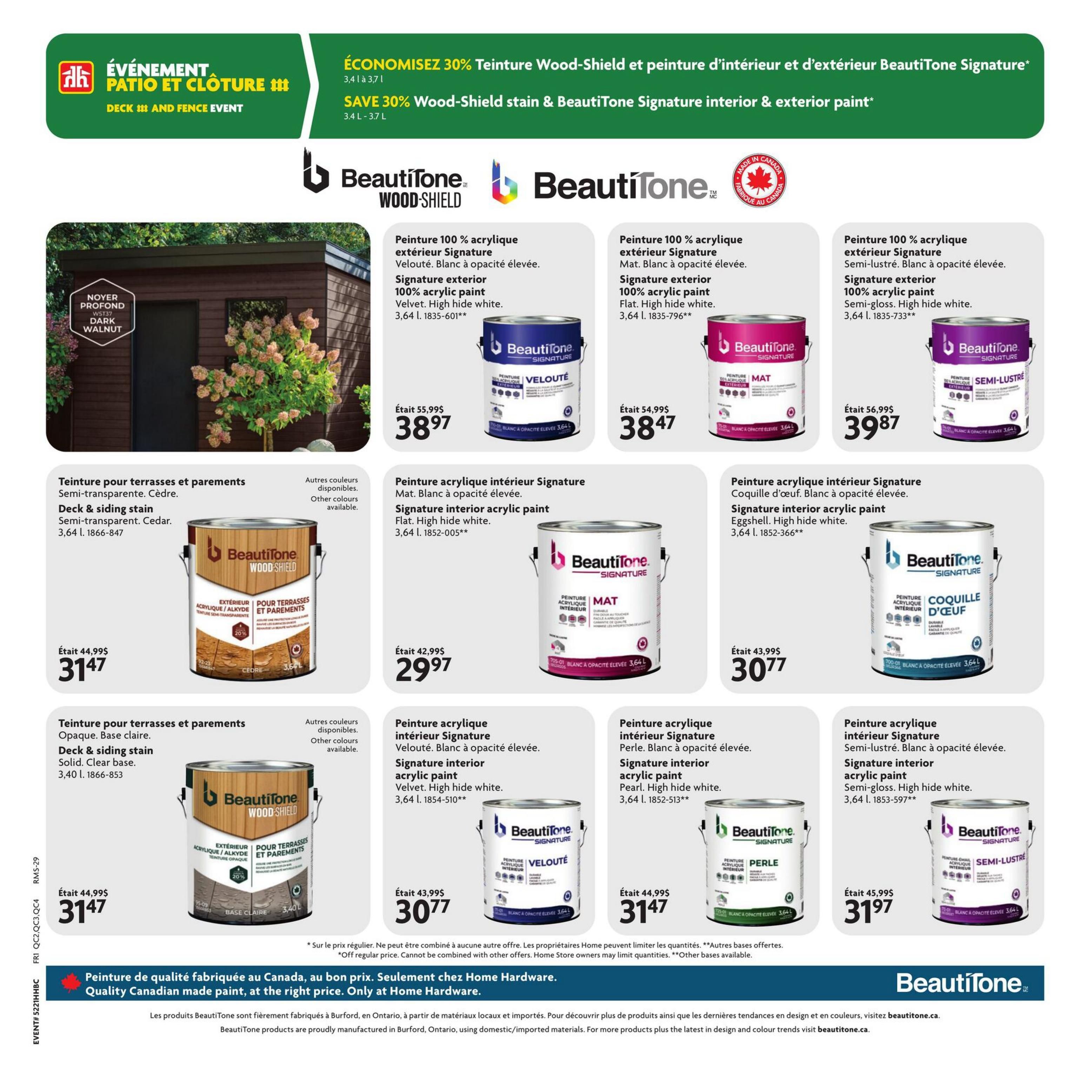 Home Hardware flyer page 14 features a promotion on BeautiTone Wood-Shield and BeautiTone Signature paints and stains. Save 30% on 3.4L to 3.7L sizes. Featured products include BeautiTone Signature exterior 100% acrylic paint in Velvet finish, on sale for $38.97 (regularly $55.99). Also available is BeautiTone Signature exterior 100% acrylic paint in Flat finish for $38.47 (regularly $54.99), and Semi-gloss finish for $39.87 (regularly $56.99). For decks and siding, BeautiTone Wood-Shield semi-transparent deck & siding stain in Cedar is $31.47 (regularly $44.99). BeautiTone Signature interior acrylic paint in Flat finish is $29.97 (regularly $42.99), Eggshell finish is $30.77 (regularly $43.99), Velvet finish is $30.77 (regularly $43.99), and Pearl finish is $31.47 (regularly $44.99). All prices are in Canadian dollars. Other colours may be available for stains. Quality Canadian-made paint, only at Home Hardware.