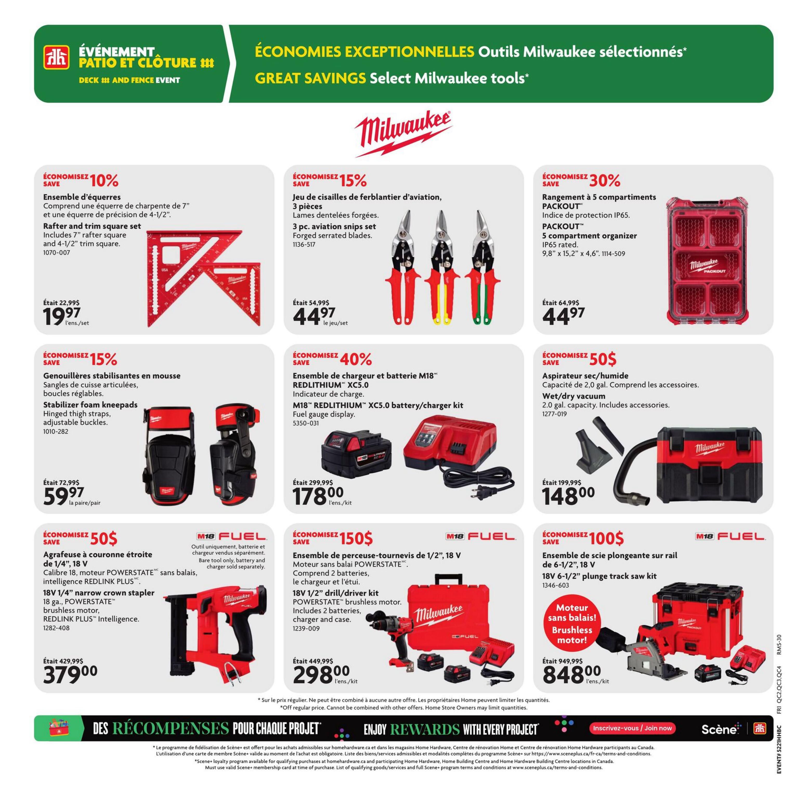 Home Hardware flyer page 15 features a selection of Milwaukee tools with significant savings. Highlighted deals include a 10% discount on a Rafter and trim square set for $19.97, a 15% discount on a 3-piece aviation snips set for $44.97, and 30% off a Milwaukee PACKOUT 5-compartment organizer for $44.97. Also available are stabilizer foam kneepads for $59.97 (15% off), a M18 FUEL XC5.0 battery/charger kit for $178.00 (40% off), and a 2.0 gal. wet/dry vacuum for $148.00 (50% off). Additionally, save $150 on an 18V 1/2' drill/driver kit with 2 batteries, charger, and case for $298.00, and save $100 on an 18V 6-1/2' plunge track saw kit for $848.00. The page also advertises 'Great Savings Select Milwaukee Tools' and 'Enjoy Rewards with Every Project' with Scene+.