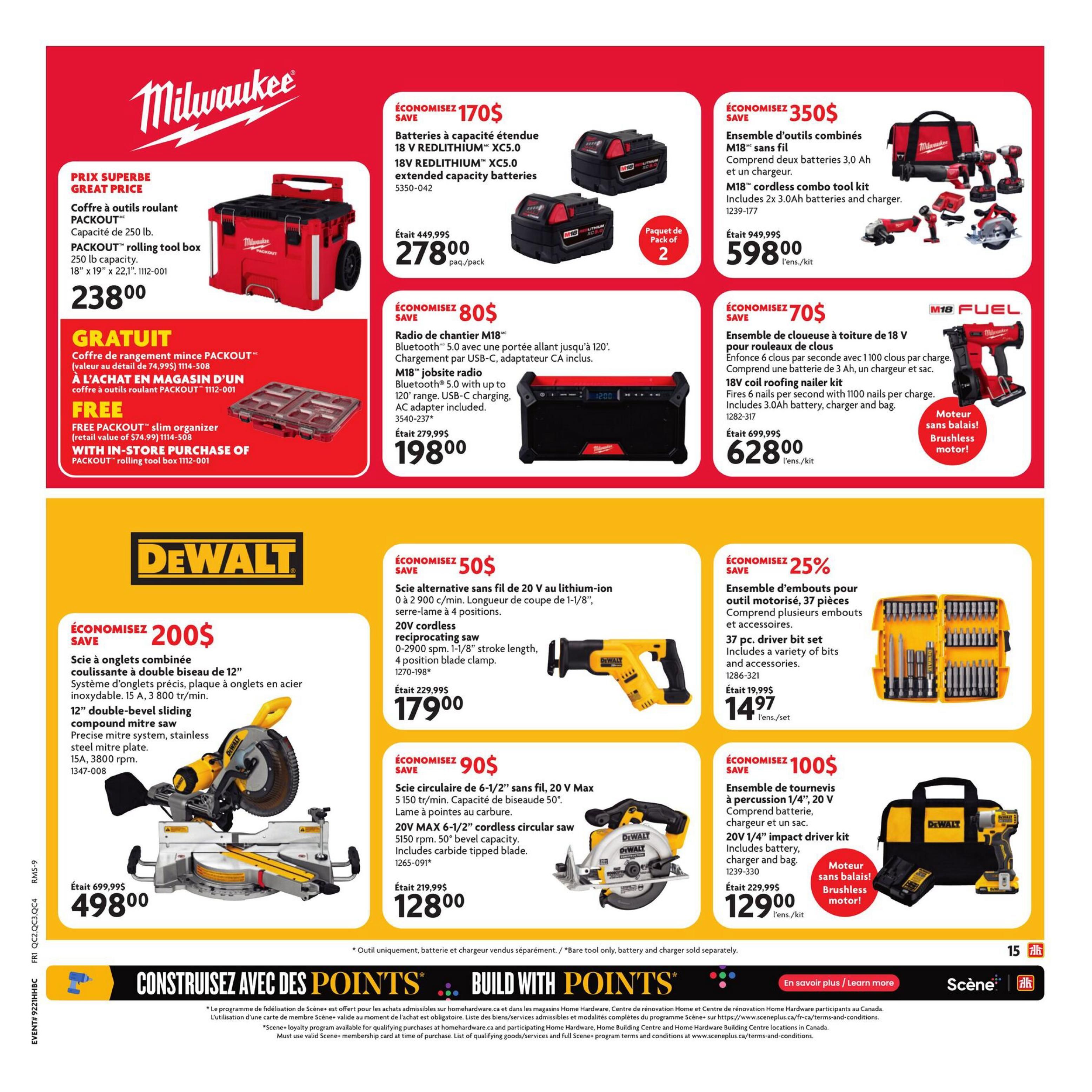 Home Hardware flyer page 16 featuring Milwaukee and DeWalt tools. Milwaukee offers a PACKOUT rolling tool box for $238.00, with a free PACKOUT slim organizer with in-store purchase. Also available are 18V REDLITHIUM XC5.0 extended capacity batteries (2-pack) for $278.00, saving $170, and an M18 jobsite radio with Bluetooth for $198.00, saving $80. A Milwaukee M18 cordless combo tool kit with 2x 3.0Ah batteries and charger is on sale for $598.00, saving $350. An 18V cordless roofing nailer kit is available for $628.00, saving $70. DeWalt features a 12' double-bevel sliding compound mitre saw for $498.00, saving $200. A 20V cordless reciprocating saw is priced at $179.00, saving $50. A 20V MAX 6-1/2' cordless circular saw is on sale for $128.00, saving $90. Also, a 37 pc. driver bit set is available for $14.97, saving 25%. A 20V 1/4' impact driver kit is $129.00, saving $100. The page also promotes 'Build with Points' loyalty program.