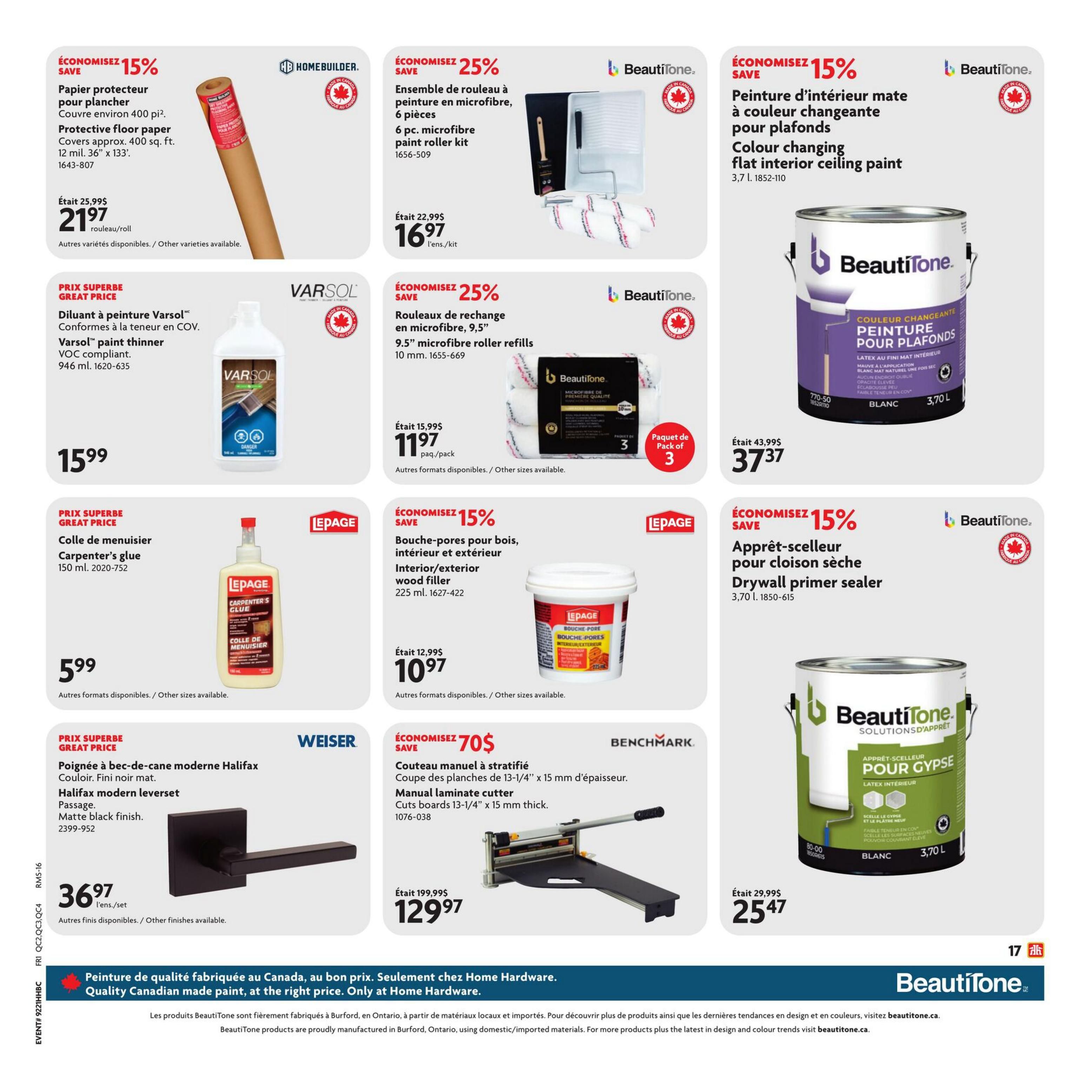 Home Hardware flyer page 18 features various home improvement products. Save 15% on Homebuilder protective floor paper, covering approx. 400 sq. ft., for $21.97. Save 25% on a 6 pc. Beautitone microfiber paint roller kit for $16.97. Beautitone colour changing flat interior ceiling paint (3.70 L) is on sale for $37.37, a 15% saving. VarsoL paint thinner (946 ml) is priced at $15.99. Lepage carpenter's glue (150 ml) is a great price at $5.99. Lepage interior/exterior wood filler (225 ml) is 15% off, selling for $10.97. Weiser Halifax modern leverset in matte black finish is $36.97. Benchmark manual laminate cutter for 13-1/4' x 15 mm boards is $129.97, saving $70. Beautitone drywall primer sealer (3.70 L) is 15% off, priced at $25.47. The page also highlights quality Canadian-made paint from Beautitone, available only at Home Hardware.