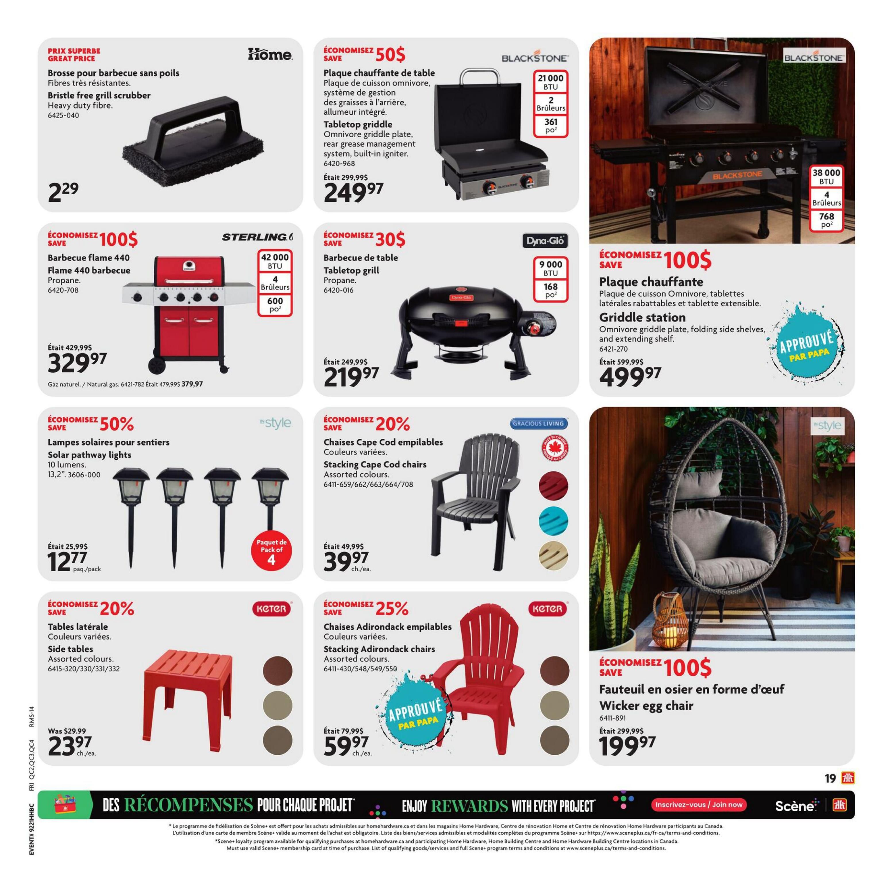 Home Hardware flyer page 20 features a Bristle Free Grill Scrubber for $2.29. Save $100 on a Sterling Flame 440 Barbecue Propane grill for $329.97. Also on sale is a Blackstone Tabletop Griddle for $249.97, saving $50. Another Blackstone item, the Griddle Station, is $499.97, saving $100. Save $30 on a Dyna-Glo Tabletop Grill Propane for $219.97. In lighting, save 50% on Solar Pathway Lights, 10 lumens, 13.2' for $12.77 per pack of 4. For outdoor seating, save 20% on Stacking Cape Cod Chairs in assorted colours for $39.97 each. Save 25% on Stacking Adirondack Chairs in assorted colours for $59.97 each. Side tables in assorted colours are 20% off, priced at $23.97 each. Finally, save $100 on a Wicker Egg Chair for $199.97.
