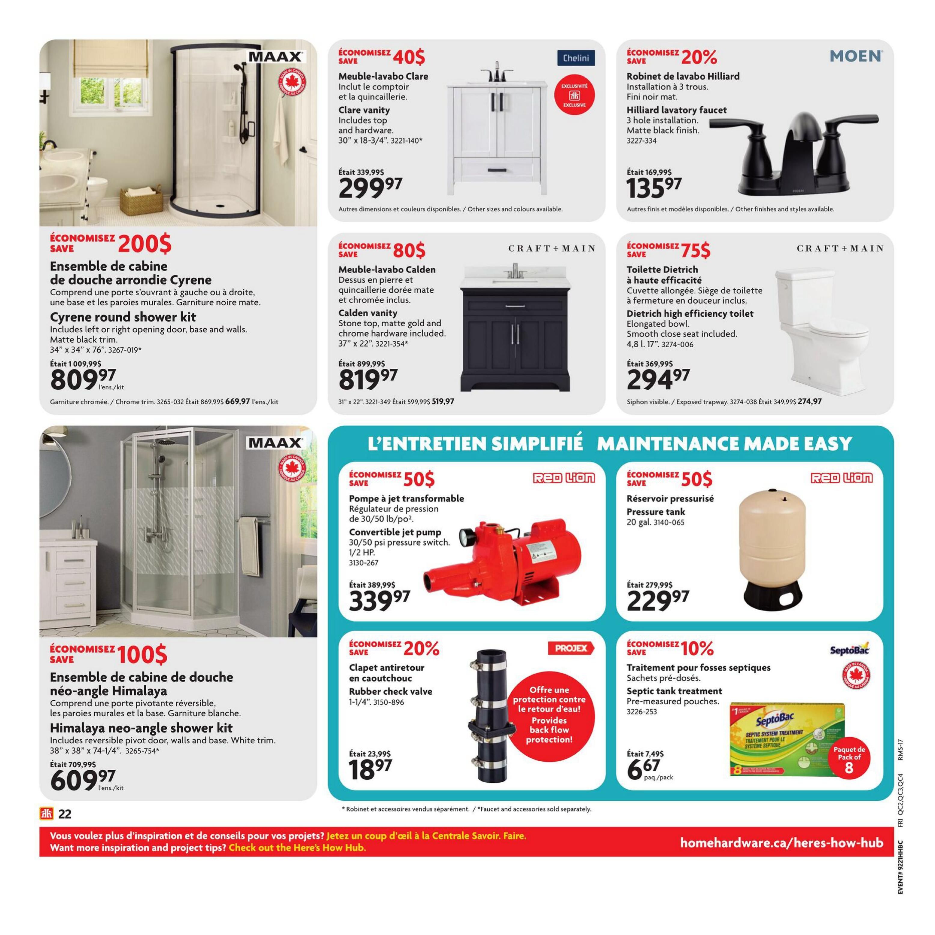 Home Hardware flyer page 23 featuring bathroom and maintenance items. Save $200 on a MAAX Cyrene round shower kit, includes left or right opening door, base and walls with matte black trim, now $809.97. Save $100 on a MAAX Himalaya neo-angle shower kit with reversible pivot door, walls and base, and white trim, now $609.97. Also featured is a Chelini Clare vanity for $299.97 (save $40), and a Craft + Main Calden vanity with stone top, matte gold and chrome hardware for $819.97. Moen Hilliard lavatory faucet in matte black finish is on sale for $135.97 (save 20%). A Craft + Main Dietrich high efficiency toilet with elongated bowl and smooth close seat is $294.97 (save $75). For maintenance, save $50 on a Red Lion convertible jet pump, 1/2 HP, for $339.97. A Red Lion pressure tank, 20 gal., is $229.97 (save $50). Save 20% on a Projex rubber check valve, 1-1/4', for $18.97. SeptoBac septic tank treatment in pre-measured pouches (pack of 8) is $6.67 (save 10%).