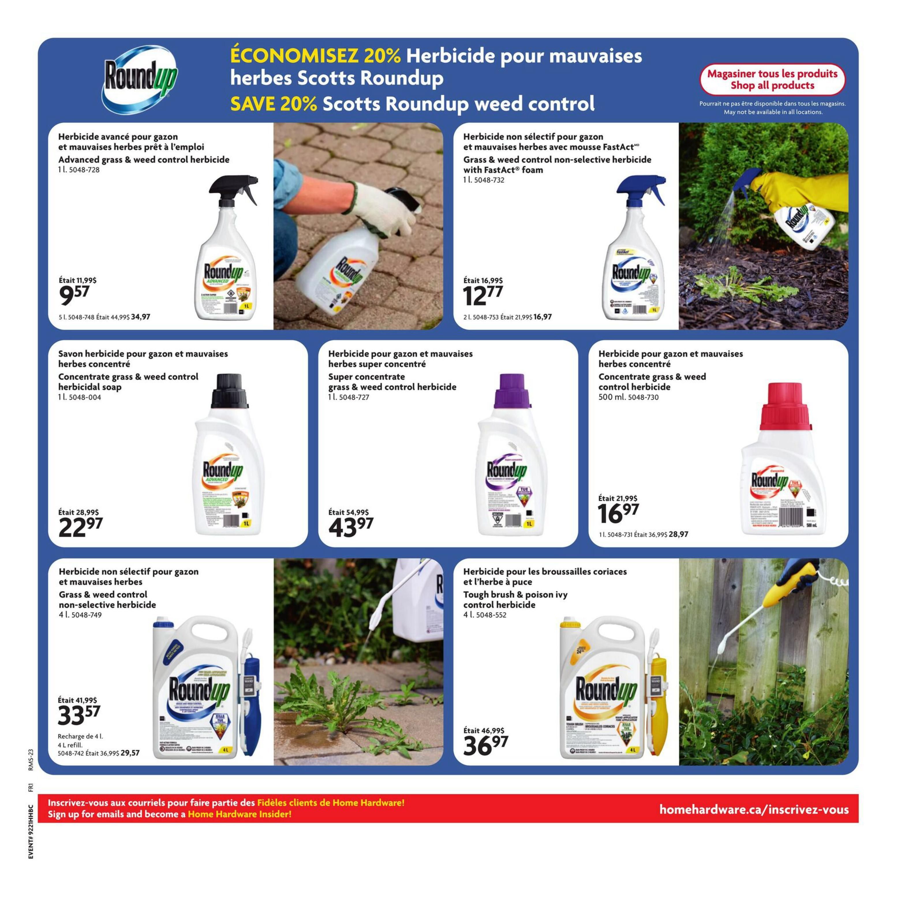 Home Hardware flyer page 25 featuring a 20% discount on Scotts Roundup weed control products. Products include Roundup Advanced grass & weed control herbicide for $9.57 (was $11.99), Roundup grass & weed control non-selective herbicide with FastAct foam for $12.77 (was $16.99), Roundup concentrate grass & weed control herbicidal soap for $22.97 (was $28.99), Roundup super concentrate grass & weed control herbicide for $43.97 (was $54.99), Roundup concentrate grass & weed control herbicide 500 mL for $16.97 (was $21.99), Roundup grass & weed control non-selective herbicide 4L refill for $33.57 (was $41.99), and Roundup tough brush & poison ivy control herbicide for $36.97 (was $46.99). The page also includes a call to action to sign up for emails and become a Home Hardware Insider at homedepot.ca/inscrivez-vous.