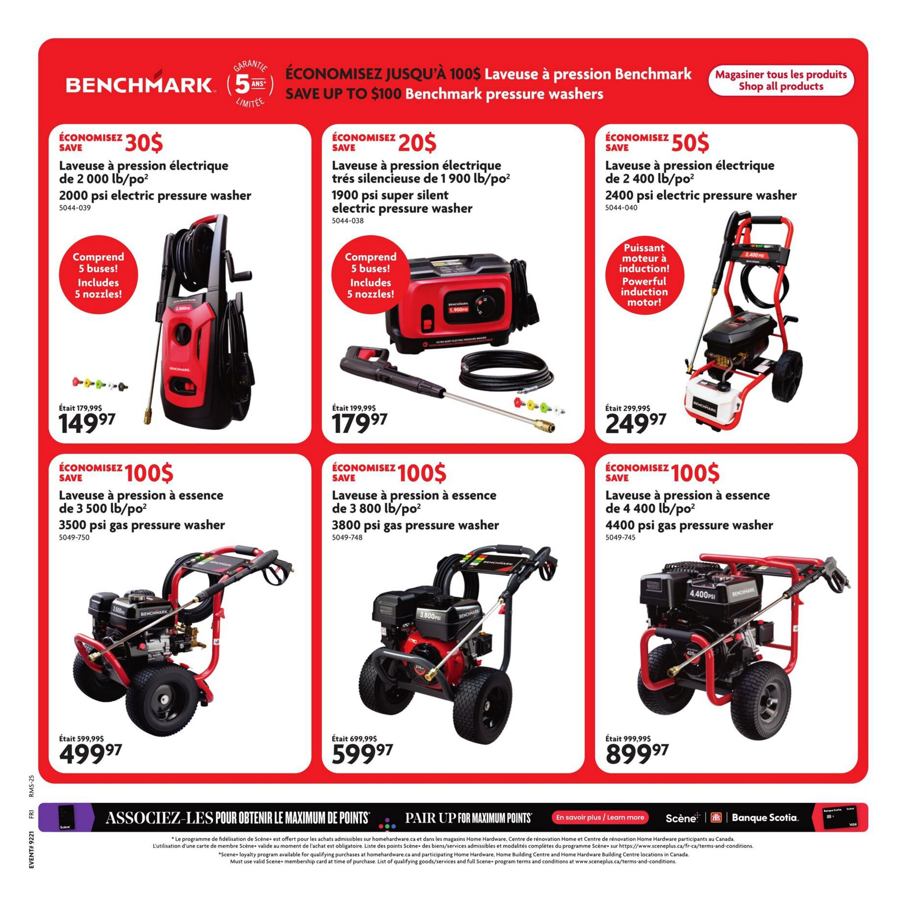Home Hardware flyer page 27 features Benchmark pressure washers with savings up to $100. Top row: 2000 psi electric pressure washer, originally $179.99, now $149.97, save $30. Includes 5 nozzles. Next, a 1900 psi super silent electric pressure washer, originally $199.99, now $179.97, save $20. Includes 5 nozzles. Finally, a 2400 psi electric pressure washer with a powerful induction motor, originally $299.99, now $249.97, save $50. Bottom row: 3500 psi gas pressure washer, originally $599.99, now $499.97, save $100. Next, a 3800 psi gas pressure washer, originally $699.99, now $599.97, save $100. Lastly, a 4400 psi gas pressure washer, originally $999.99, now $899.97, save $100. The page also promotes associating with Scene+ for maximum points and features logos for Scene+ and Scotiabank.