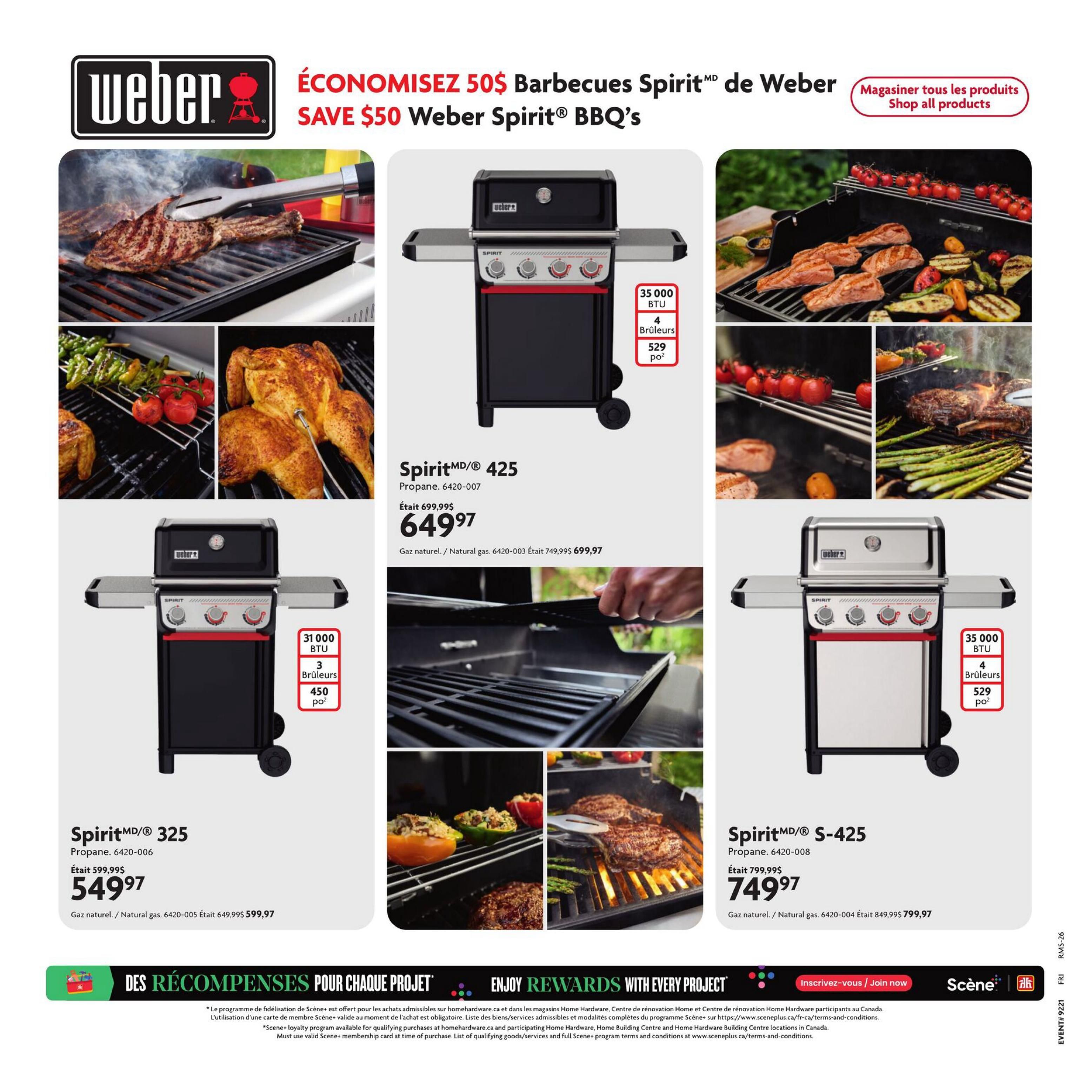 Home Hardware flyer page 28 features Weber Spirit BBQs with savings. The Weber Spirit BBQ 425, propane model, is on sale for $649.97, down from $699.99. The natural gas version is $699.97. The Weber Spirit BBQ 325, propane model, is priced at $549.97, reduced from $599.99. The natural gas version is $599.97. The Weber Spirit S-425 BBQ, propane model, is available for $749.97, originally $799.99. The natural gas version is $799.97. The page also highlights 'Save $50 Weber Spirit BBQ's' and 'Shop all products'. Images show various foods being grilled, including steaks, chicken, salmon, vegetables, and stuffed peppers.