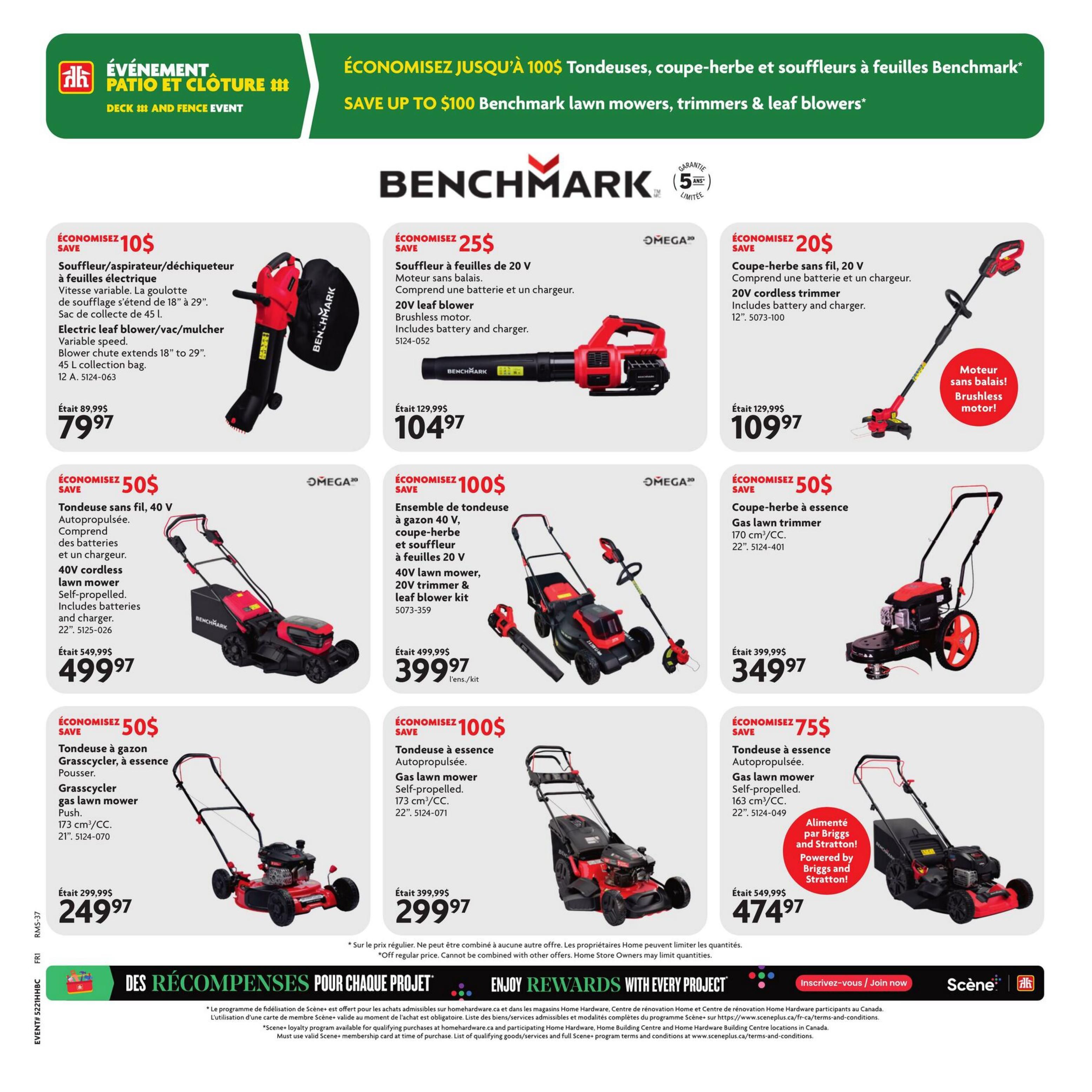 Home Hardware flyer page 31 features a patio and enclosure event with savings up to $100 on Benchmark lawn mowers, trimmers, and leaf blowers. Featured products include an electric leaf blower/vac/mulcher for $79.97 (save $10), a 20V leaf blower for $104.97 (save $25), and a 20V cordless trimmer for $109.97 (save $20). Also on sale is a 40V cordless self-propelled lawn mower for $499.97 (save $50), a gas lawn mower for $349.97 (save $50), a Grasscycler gas lawn mower for $249.97 (save $50), a 40V lawn mower, 20V trimmer & leaf blower kit for $399.97 (save $100), and a self-propelled gas lawn mower for $299.97 (save $100). The page also highlights a gas lawn mower powered by Briggs and Stratton for $474.97 (save $75). A banner at the bottom promotes 'Enjoy Rewards with Every Project' and invites customers to join Scene+.