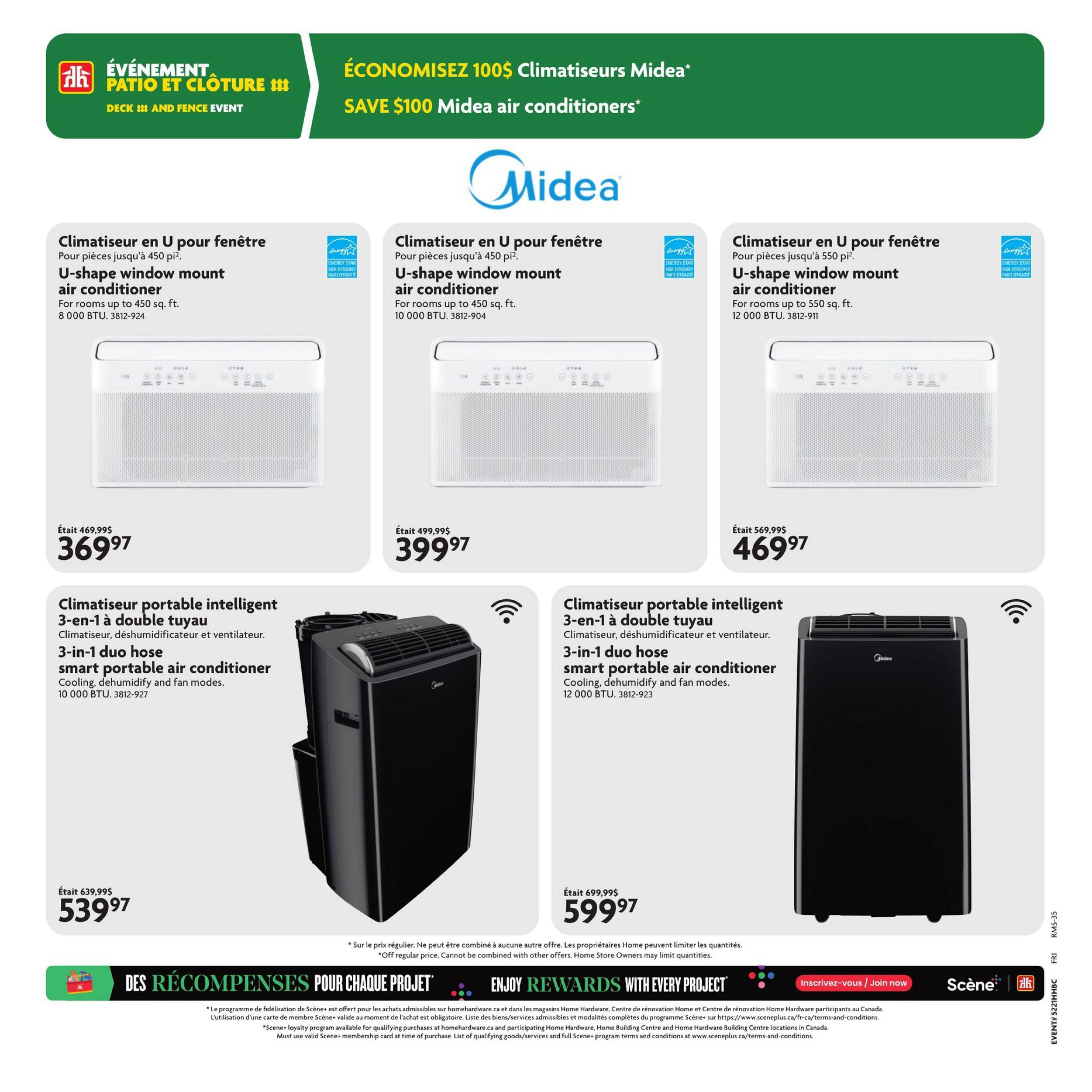 Home Hardware flyer page 32 features Midea air conditioners. The 'Deck and Fence Event' offers savings of $100 on Midea air conditioners. Featured are three U-shape window mount air conditioners: one for rooms up to 450 sq. ft. (8 000 BTU) on sale for $369.97 (regular price $469.99), one for rooms up to 450 sq. ft. (10 000 BTU) on sale for $399.97 (regular price $499.99), and one for rooms up to 550 sq. ft. (12 000 BTU) on sale for $469.97 (regular price $569.99). Also shown are two Midea 3-in-1 smart portable air conditioners with cooling, dehumidify, and fan modes. The 10 000 BTU model (3812-927) is on sale for $539.97 (regular price $639.99), and the 12 000 BTU model (3812-923) is on sale for $599.97 (regular price $699.99). The flyer also promotes 'Enjoy Rewards with Every Project' and the Scene+ loyalty program.