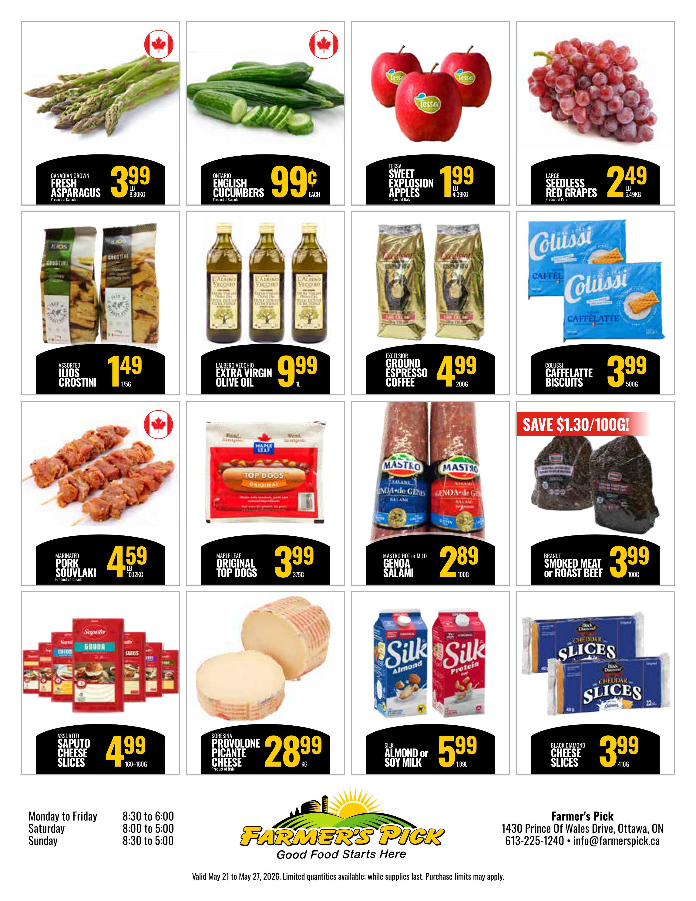 Farmer's Pick weekly flyer specials page 2. Featured items include Canadian Grown Fresh Asparagus for $3.99 LB, Ontario English Cucumbers for $0.99 EACH, Tessa Sweet Explosion Apples for $1.99 LB, and Large Seedless Red Grapes for $2.49 LB. Also available are Assorted Ilios Crostini for $1.49 175G, L'Albero Vecchio Extra Virgin Olive Oil for $9.99 1L, and Excelsior Ground Espresso Coffee for $4.99 200G. On sale are Colussi Caffelatte Biscuits for $3.99 500G. Meat specials include Marinated Pork Souvlaki for $4.59 LB, Maple Leaf Original Top Dogs for $3.99 375G, Mastro Hot or Mild Genoa Salami for $2.89 100G, and Brandt Smoked Meat or Roast Beef for $3.99 100G. Other deals are Assorted Saputo Cheese Slices for $4.99 160-180G, Soresina Provolone Picante Cheese for $28.99 KG, Silk Almond or Soy Milk for $5.99 1.89L, and Black Diamond Cheese Slices for $3.99 410G. Store hours are Monday to Friday 8:30 to 6:00, Saturday 8:00 to 5:00, and Sunday 8:30 to 5:00. Farmer's Pick is located at 1430 Prince Of Wales Drive, Ottawa, ON.