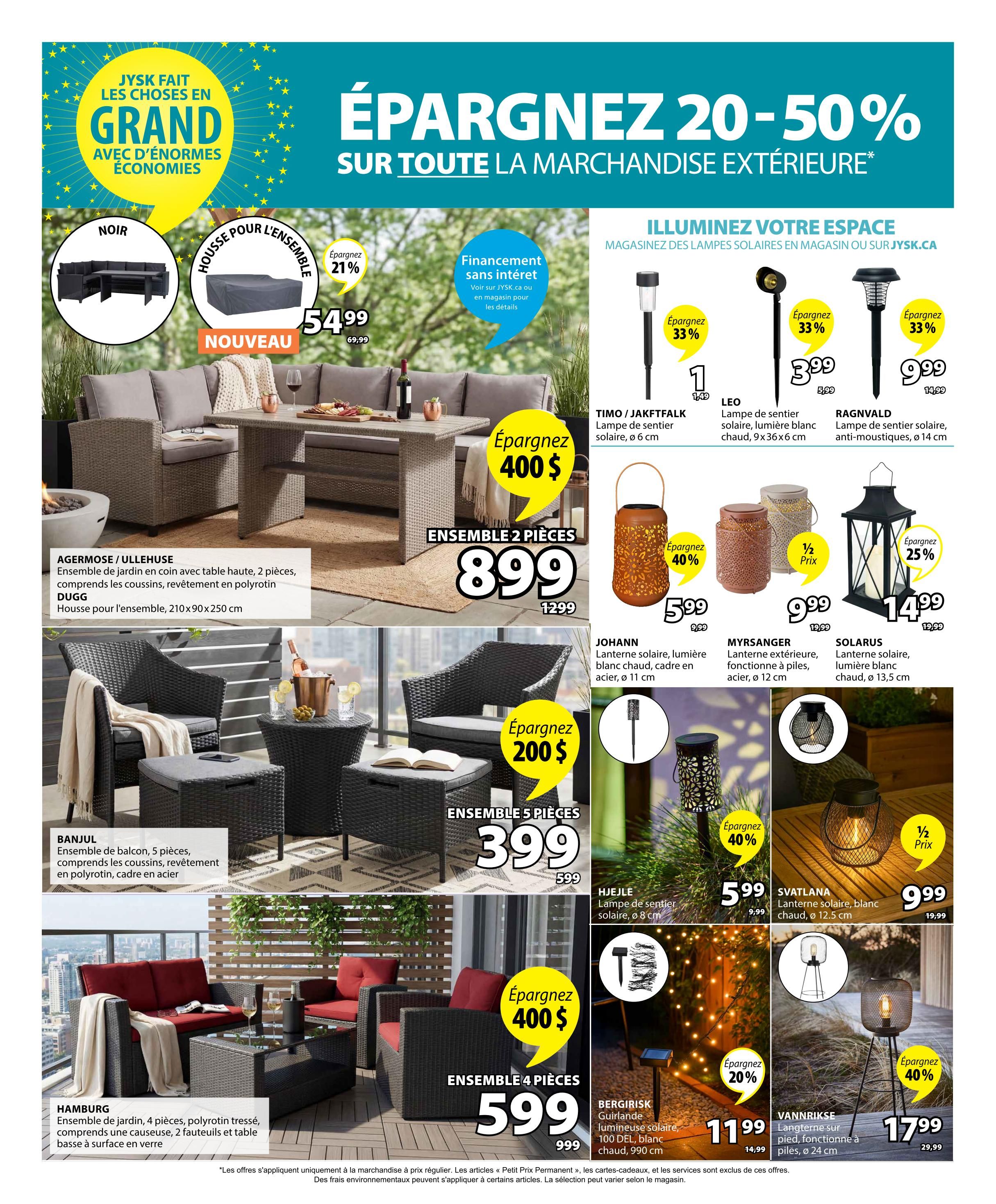 Jysk weekly flyer specials page 3 features outdoor merchandise savings of 20-50%. Highlighted is the AGERMOSE / ULLEHUSE 2-piece garden set with a high table, including cushions and polyrattan weave, on sale for $899 (regularly $1299), with a $400 saving. A cover for this set is available for $54.99 (21% off, regularly $69.99). Also featured is the BANJUL 5-piece balcony set with polyrattan weave and steel frame, including cushions, for $399 (regularly $599), saving $200. The HAMBURG 4-piece garden set with woven polyrattan, a chaise, 2 stools, and a glass-top coffee table is on sale for $599 (regularly $999), saving $400. The flyer also showcases solar lights: TIMO / JAKFTFALK path light for $1 (33% off), LEO solar path light in white warm light for $3.99 (33% off, regularly $5.99), and RAGNVALD solar path light, anti-mosquito, for $9.99 (33% off, regularly $14.99). Other lighting options include the JOHANN solar lantern in white warm light for $5.99 (40% off, regularly $9.99), MYRSANGER outdoor lantern at half price for $9.99, and SOLARUS outdoor lantern in white warm light for $14.99 (25% off, regularly $19.99). Additionally, the HJELJE solar path light is $5.99 (40% off), the BERGIRISK solar string light (100 DEL, white warm light, 990 cm) is $11.99 (20% off, regularly $14.99), and the VANNRIKSE floor lantern is $17.99 (40% off, regularly $29.99).