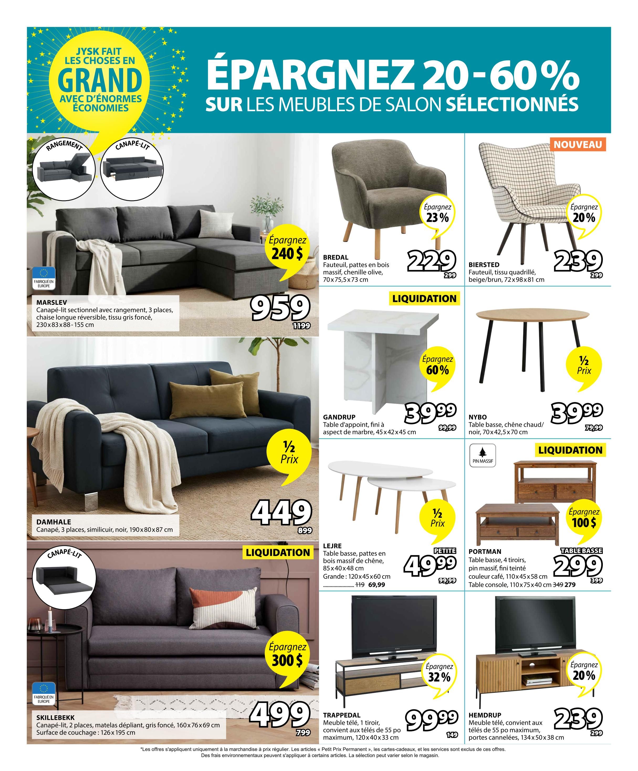Jysk weekly flyer specials page 7 features savings of 20-60% on select living room furniture. The MARSLEV 3-seater sectional sofa bed with storage is on sale for $959 (regularly $1199), saving $240. The DAMHALE 3-seater sofa in black faux leather is $449 (regularly $899). The SKILLEBEKK 2-seater sofa bed in dark grey is $499 (regularly $799). The BREDAL armchair with solid wood legs in olive chenille is $229 (regularly $299), saving 23%. The BIERSTED armchair in checkered beige/brown fabric is $239 (regularly $299), saving 20%. The GANDRUP marble-finish coffee table is 60% off, priced at $39.99 (regularly $99.99). The NYBO round dining table in light oak/black is $39.99 (regularly $79.99), half price. The LEJRE small coffee table in solid wood is $49.99 (regularly $99.99), petite size. The PORTMAN 4-drawer solid pine coffee table in coffee colour is $299 (regularly $399), saving $100. The TRAPPEDAL 1-drawer TV stand, suitable for TVs up to 55 inches, is $99.99 (regularly $149), saving 32%. The HEMDRUP TV unit with slatted doors is $239 (regularly $299), saving 20%.