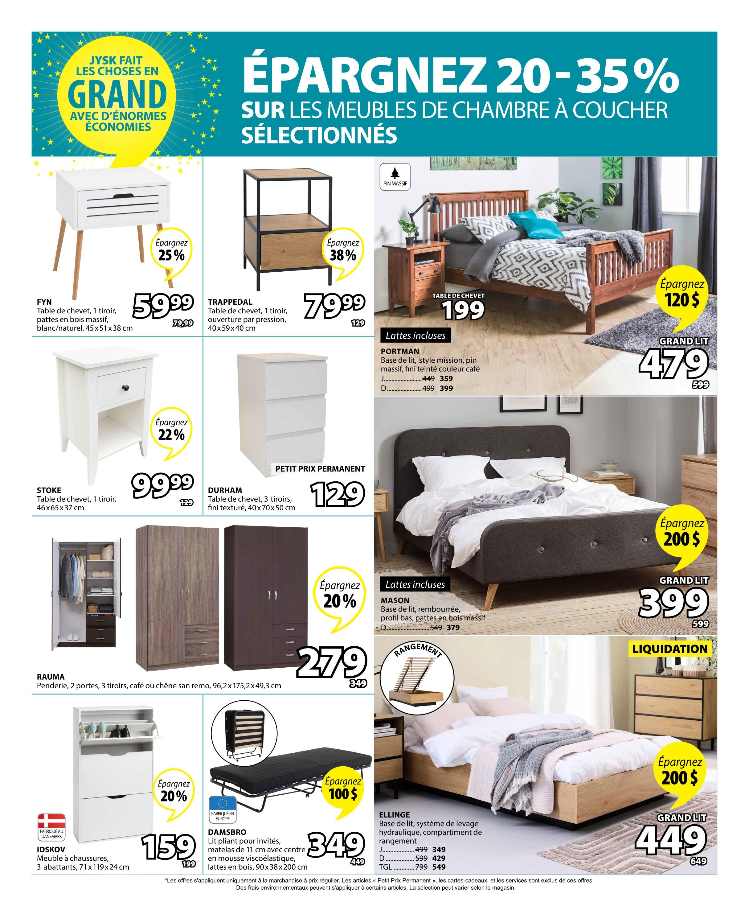 Jysk flyer page 9 features savings of 20-35% on selected bedroom furniture. Featured items include the FYN nightstand for $59.99 (save 25%), the TRAPPEDAL nightstand for $79.99 (save 38%), and a PORTMAN bed frame for $359 (save $100). Also available are the STOKE nightstand for $99.99, the DURHAM 3-drawer chest for $129, and the RAUMA 2-door, 3-drawer wardrobe for $279 (save $70). The IDSKOV shoe cabinet is $159 (save 20%), and the DAMSBRO folding guest bed is $349 (save $100). The page also showcases the MASON upholstered bed frame for $399 (save $150) and the ELLIGE bed frame with storage for $449 (save $200).