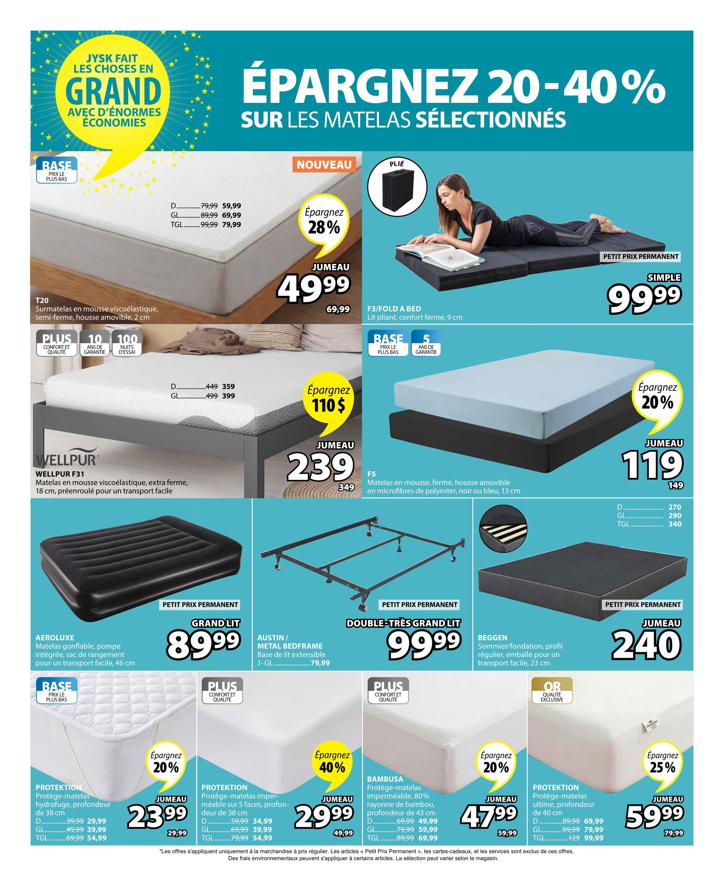 Jysk flyer page 11 features savings of 20-40% on selected mattresses. Featured items include the T20 viscoelastic mattress topper, on sale for $49.99 (originally $69.99), saving 28%. The F3/Fold a Bed, a folding mattress with firm comfort, is available for $99.99. The WELLPUR F31 extra-firm viscoelastic mattress is $239 (originally $349), saving $110. The F5 foam mattress is $119 (originally $149). The AEROLUX inflatable mattress with integrated pump and storage bag is $89.99. The AUSTIN/METAL BEDFRAME, an extendable bed base, is $79.99. The BEGGEN sommier/foundation is $240. Also featured are PROTEKTION mattress protectors: the hydrofuge model is $23.99 (originally $29.99-$69.99) and the 5-face waterproof model is $29.99 (originally $34.99-$79.99). The BAMBUSA bamboo mattress protector is $47.99 (originally $59.99). The PROTEKTION ultimate mattress protector is $59.99 (originally $79.99).