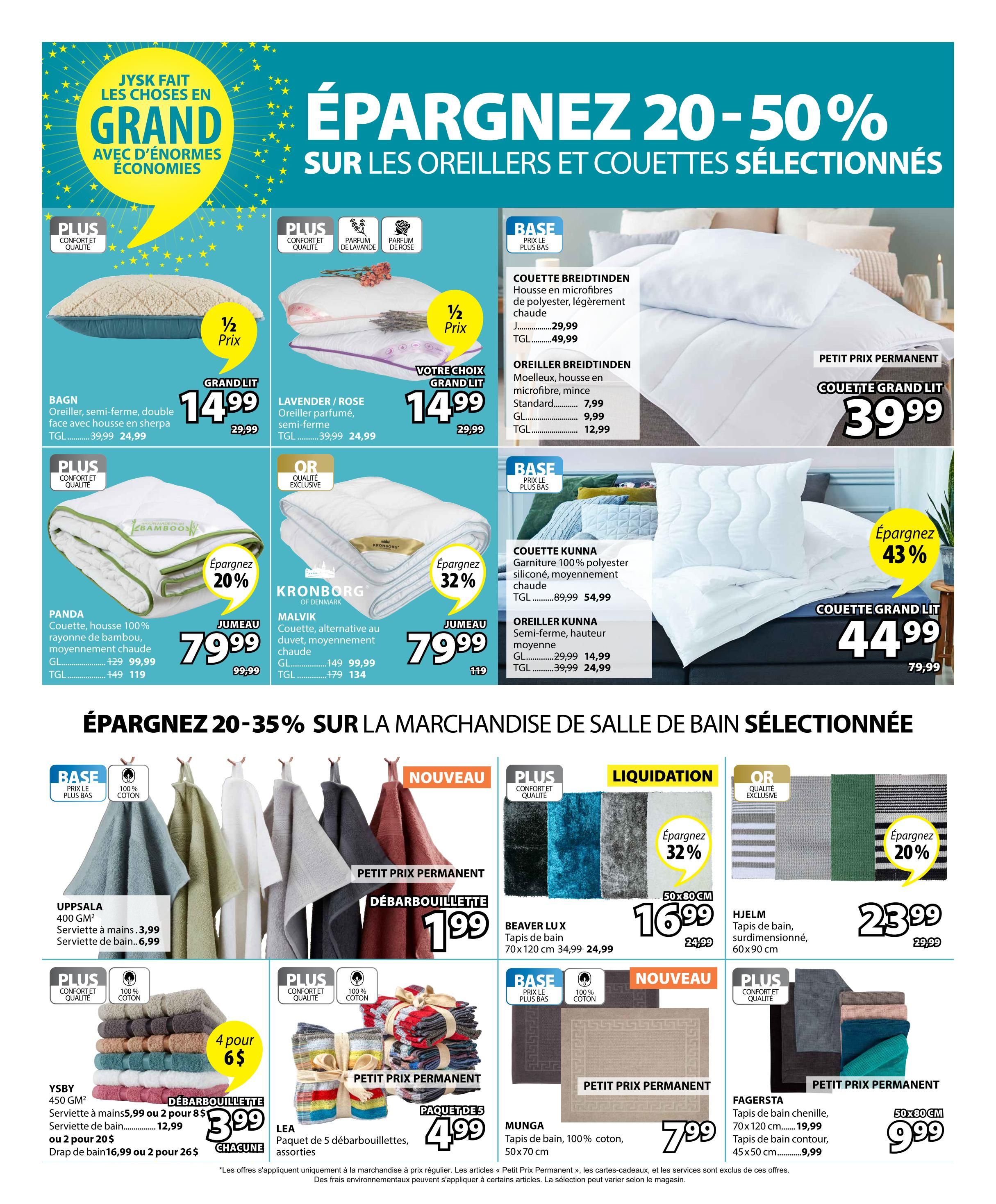 Jysk weekly flyer specials page 13 features savings of 20-50% on selected pillows and duvets. Featured items include the BAGN semi-double face sherpa pillow for $14.99 (originally $29.99), and the LAVENDER/ROSE semi-firm scented pillow for $14.99 (originally $29.99). The MALVIK duvet alternative is on sale for $79.99 (originally $99.99), with a 32% saving. The KRONBORG duvet alternative is also $79.99 (originally $119). The PANDA duvet cover, made of 100% bamboo rayon, is 20% off at $79.99 (originally $99.99). The KUNNA polyester duvet is $44.99 (originally $79.99), and the KUNNA semi-firm pillow is $14.99 (originally $24.99). The page also highlights savings of 20-35% on selected bath merchandise. Items include UPPSALA bath towels starting at $3.99, and a 4-pack of YSBY bath towels for $6 (originally $3.99 each). The LEA 5-pack of assorted washcloths is $4.99. The BEAVER LUX bath mat is 32% off at $16.99 (originally $24.99). The HJELM oversized bath mat is $23.99 (originally $29.99). The MUNGA 100% cotton bath mat is $7.99. The FAGERSTA chenille bath mat is $19.99, and the FAGERSTA contour bath mat is $9.99.