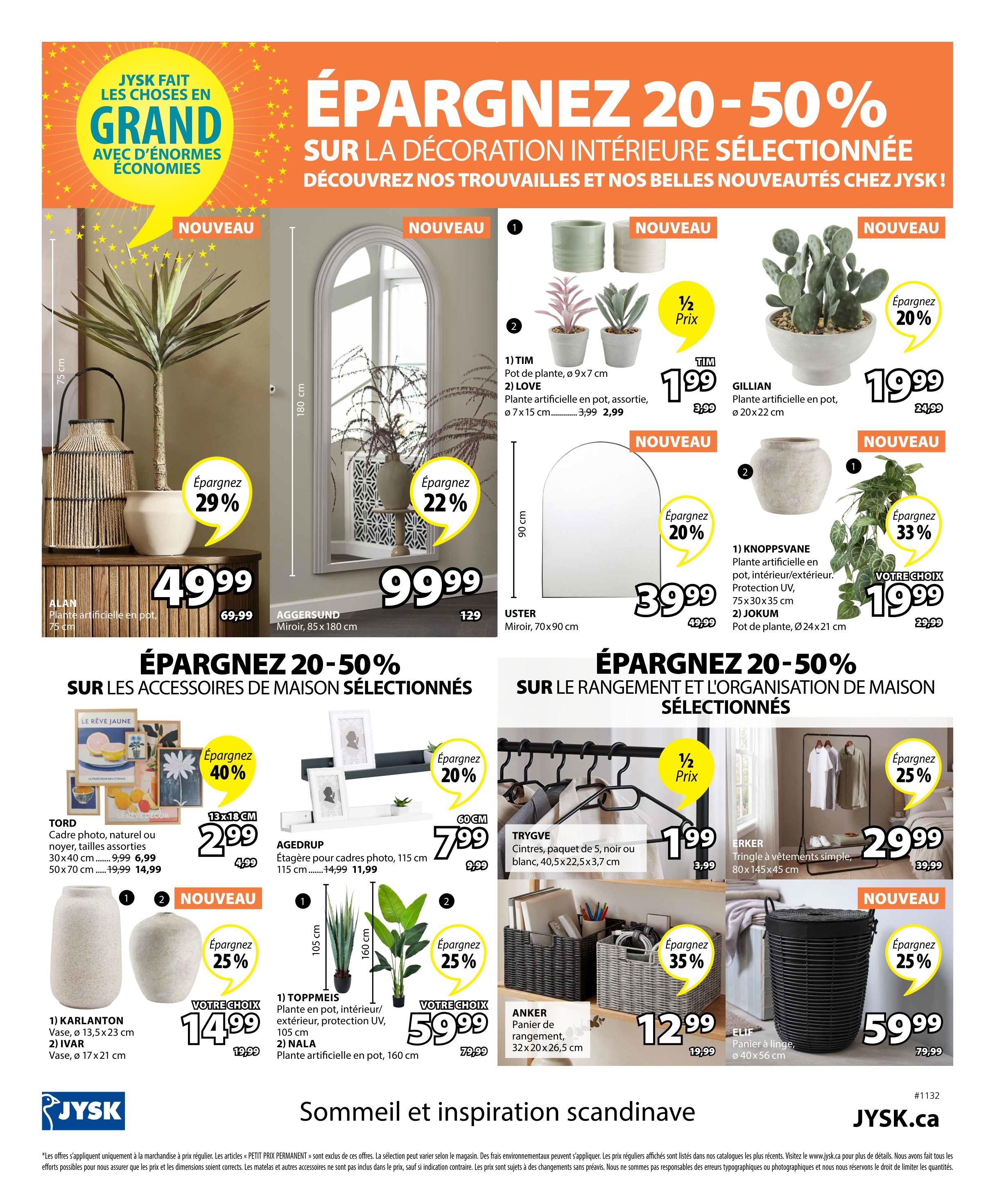 Jysk weekly flyer specials page 18 features a 20-50% off sale on select home decor. Featured items include the ALAN artificial plant in pot for $49.99 (save 29%), AGGERSUND mirror (85x180 cm) for $99.99 (save 22%), and USTER mirror (70x90 cm) for $39.99 (save 20%). Also on sale are TIM pots for $1.99 (half price), LOVE artificial plant for $2.99 (save 33%), and GILLIAN artificial plant in pot for $19.99 (save 20%). Additional home decor items include TORD photo frames starting at $6.99, AGEDRUP photo frames for $7.99, KARLANTON vases for $14.99 (save 25%), TOPPMEIS artificial plant for $59.99 (save 25%), and NALA artificial plant for $59.99 (save 25%). Storage solutions on sale include TRYGVE hangers for $1.99 (half price), ANKER storage baskets for $12.99 (save 35%), ERKER clothing racks for $29.99 (save 25%), and ELIF laundry baskets for $59.99 (save 25%). The flyer also highlights 'Jysk does things in a big way with huge savings'.