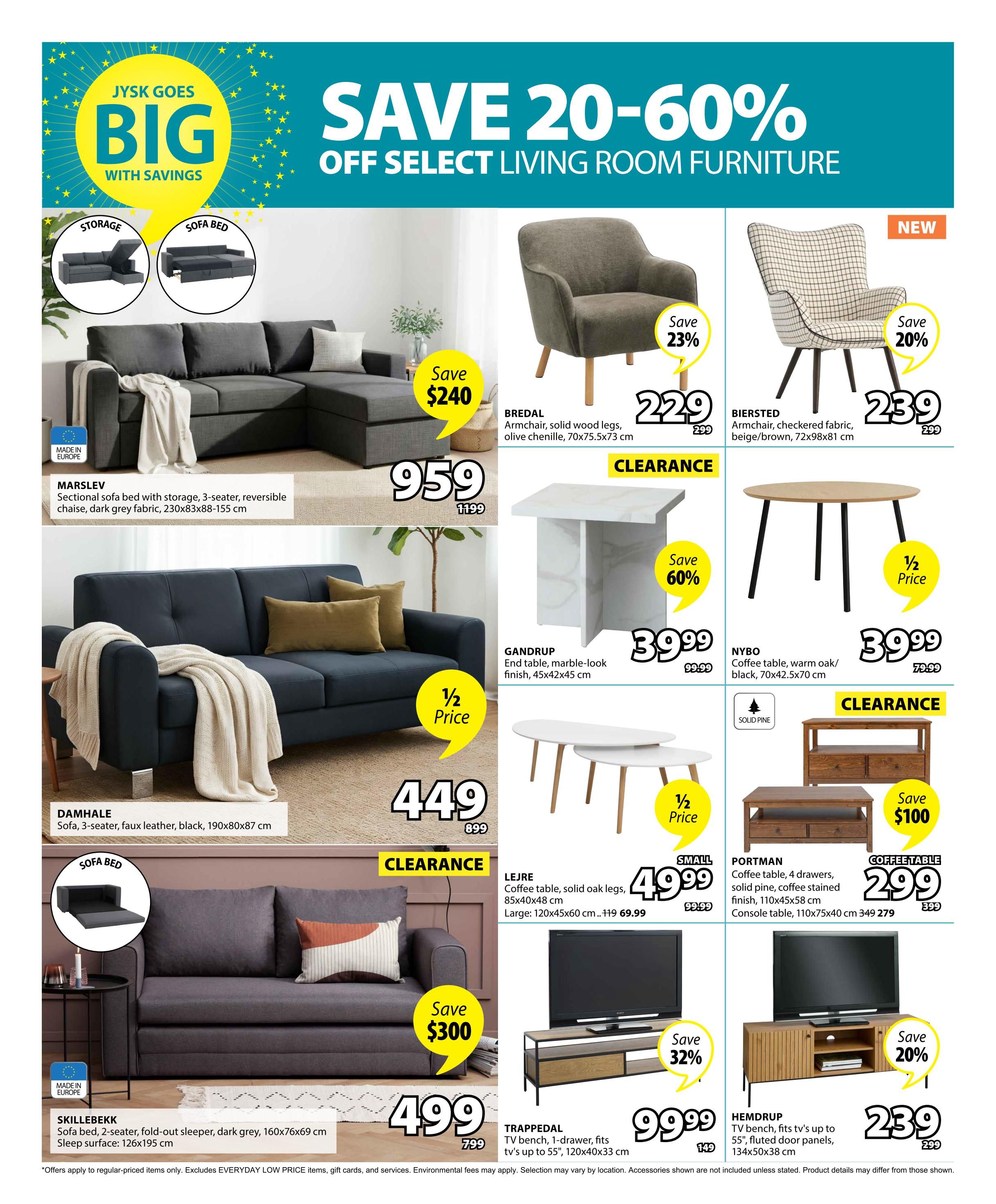 Jysk flyer page 7 features savings of 20-60% off select living room furniture. Featured items include the Marslev sectional sofa bed with storage in dark grey fabric for $959 (save $240), the Damhals sofa in black faux leather for $449 (half price), and the Skillebekk sofa bed in dark grey for $499 (save $300). Also available are the BREDAL armchair in olive chenille for $229 (save 23%), the BIERSTED armchair in checkered fabric for $239 (save 20%), the GANDRUP end table with marble-look finish for $39.99 (save 60%), NYBO coffee table in warm oak/black for $39.99 (half price), LEJRE coffee table in solid oak legs for $49.99 (small size) or $69.99 (large size) (half price), PORTMAN console table in coffee stained finish for $299 (save $100), TRAPPEDAL TV bench for $99.99 (save 32%), and HEMDRUP TV bench for $239 (save 20%). Some items are made in Europe.