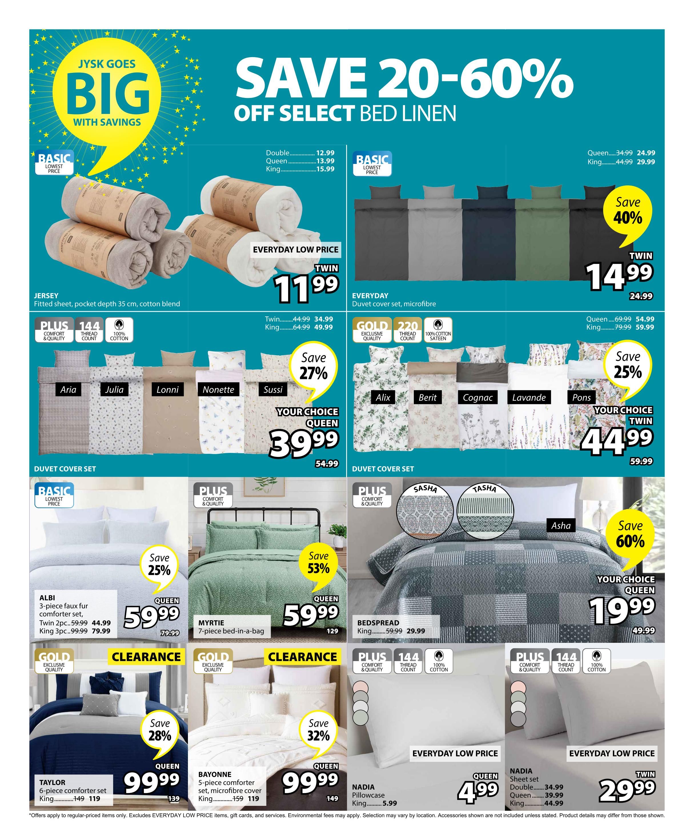Jysk flyer page 12 features savings of 20-60% off select bed linen. Featured items include Jersey fitted sheets in cotton blend for an everyday low price of $11.99 for a twin size. Everyday duvet cover sets in microfibre are on sale for $14.99 for a twin size, down from $24.99, with a save 40% offer. A selection of Your Choice Queen duvet cover sets are available for $39.99, originally $54.99, with a save 27% offer, including styles like Aria, Julia, Lonni, Nonette, and Sussi. Another Your Choice Queen duvet cover set collection is priced at $44.99, down from $59.99, with a save 25% offer, featuring designs such as Alix, Berit, Cognac, Lavande, and Pons. The Albi 3-piece faux fur comforter set is on sale for $59.99 for Queen (twin 2pc. $44.99, king 3pc. $79.99), saving 25%. The Myrtie 7-piece bed-in-a-bag is $59.99 for Queen, with a save 53% offer. The Bedspread is on sale for $19.99 for Queen, down from $49.99, saving 60%. Clearance items include the Taylor 6-piece comforter set for $99.99 (Queen) and $119 (King), saving 28%. The Bayonne 5-piece comforter set is also on clearance for $99.99 (Queen) and $119 (King), saving 32%. Everyday low price items include the Nadia pillowcase for $4.99 for Queen and the Nadia sheet set for $29.99 for Twin (Queen $39.99, King $44.99).