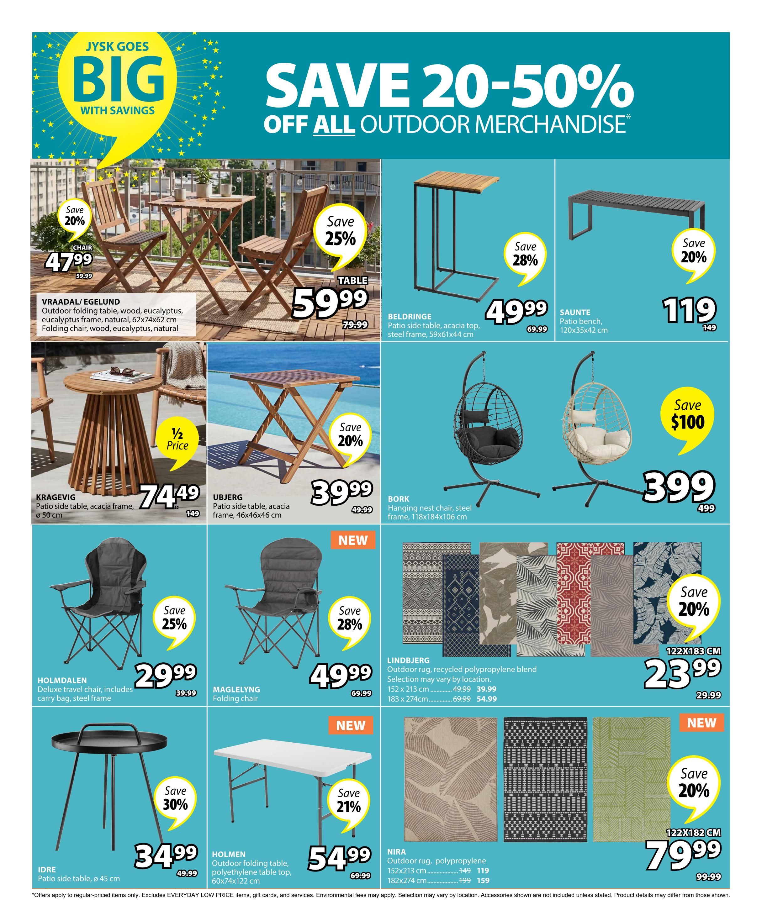 Jysk flyer page 15 featuring 'BIG WITH SAVINGS' and 'SAVE 20-50% OFF ALL OUTDOOR MERCHANDISE'. Products on sale include the VRAADAL/EGELUND outdoor folding table and chairs set for $47.99 (save 20%), a VRAADAL/EGELUND table for $59.99 (save 25%), the BELDRINGE patio side table for $49.99 (save 28%), and the SAUNTE patio bench for $119 (save 20%). Also featured is the KRAGEVIG patio side table for $74.49 (half price), the UBJERG patio side table for $39.99 (save 20%), and the BORK hanging nest chair for $399 (save $100). Folding chairs include the HOLMDALEN deluxe travel chair for $29.99 (save 25%) and the MAGLELYNG folding chair for $49.99 (save 28%). New items include the IDRE patio side table for $34.99 (save 30%) and the HOLMEN outdoor folding table for $54.99 (save 21%). Several outdoor rugs are also on sale: LINDBJERG outdoor rug in recycled polypropylene for $23.99 (save 20%) in size 122x183 cm and $54.99 in size 183x274 cm. The NIRA outdoor rug in polypropylene is $119 in size 152x213 cm and $159 in size 182x274 cm. Another new outdoor rug is available for $79.99 (save 20%) in size 122x182 cm.