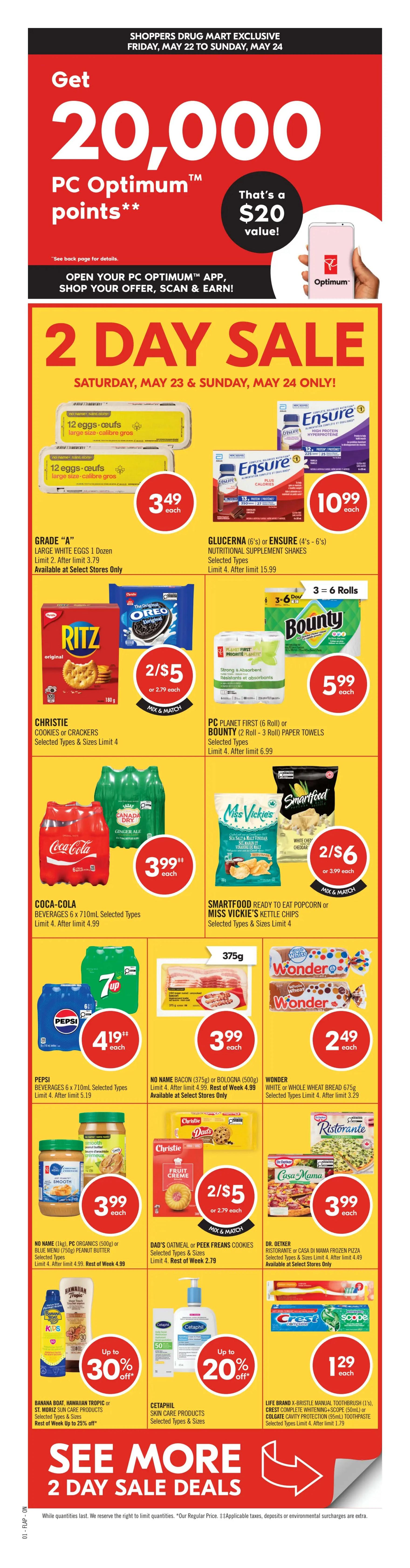 Shoppers Drug Mart Ontario flyer, Page 2. Features a 2 Day Sale on Saturday, May 23 and Sunday, May 24. Deals include Neilson Chocolate Milk 750ml for $1.49, Popsicle Frozen Dessert Bars (12's) or PC Frozen Fruit for $4.99. Lantic Granulated Sugar or Icing Sugar 1kg or 2kg for $2.99. Purina Cat Chow (1.6kg-2kg), ONE (1.55kg-1.8kg) or Friskies (1.42kg-1.5kg) Dry Cat Food is up to 25% off. Royale Original 2-ply (6's) or Velour 3-ply (4'-6's) Facial Tissues for $5.99. Monday or OGX Hair Care Products are $7.99. Nivea Men Shower Gel or Nivea Body Wash 500ml for $4.49, with a Spend $10 Get 1000 Optimum Points offer. Colgate Sensitive Pro-Relief or Periogard Gum Care + Sensitivity Toothpaste (120ml) or Burt's Bees Lip Balms (1's) for $4.99. Tresemmé Hair Care Products are $6.99. Hero Acne Patch (10's-60's) or Thayers Skin Care Products are up to 20% off. La Roche-Posay Sun Care Products with a Buy 2 Get 6000 Optimum Points offer, valued at $6. Batiste Premium Dry Shampoo, L'Oréal Ever Shampoo or Conditioner for $10.99. Dove UV Repair & Glow Hair Care Products with a Buy 2 Get 2000 Optimum Points offer, valued at $2. Byoma Skin Care Products with a Buy 2 Get 4000 Optimum Points offer, valued at $4. Not Your Mother's Hair Care Products. Quo Beauty Sunglasses or Joe Fresh Umbrellas. Nair Hair Removal Products. Philips Shave or Grooming Appliances for $15.00 when you spend $75, get 15,000 Optimum Points. Elastoplast Bandages or Wound Care Products with a Buy 2 Get 3000 Optimum Points offer, valued at $3. KT Tape Kinesiology Tape for $19.99. The flyer also highlights 'Summer made easy' specials from Saturday, May 23 to Thursday, May 28.