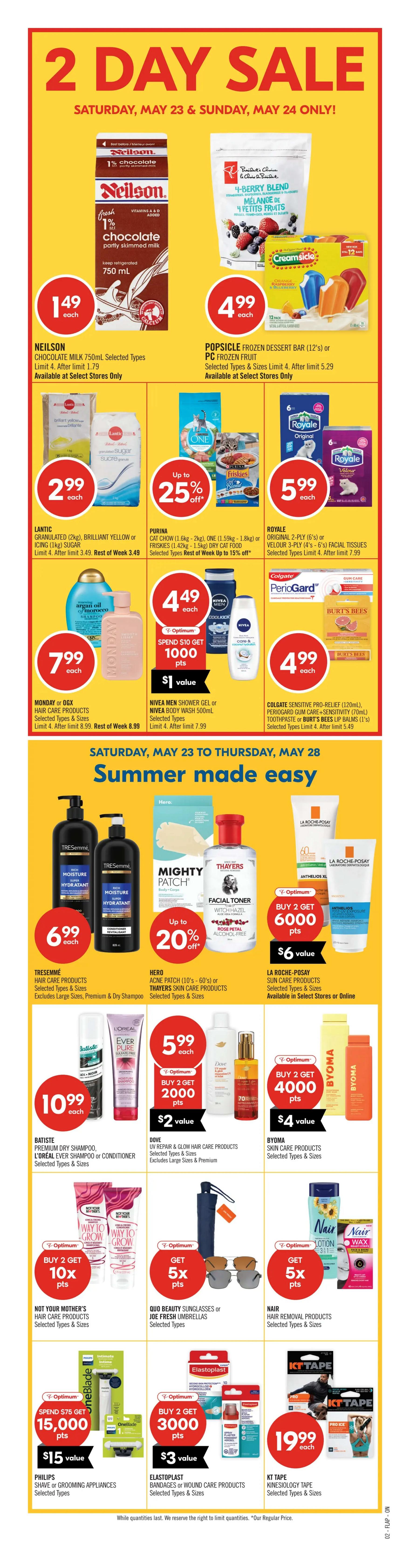 Shoppers Drug Mart Ontario flyer page 3, valid May 23 to May 28. Features 'Big brands. Big savings.' with various promotions. Up to 20% off Sun Bum, Ombrelle, or Naked Sundays sun care products. Up to 25% off Bioderma or Jouviance skin care products. Up to 25% off Garnier Micellar Water (400mL), Pump Cleansers (250mL), or L'Oréal Revitalift Facial Moisturizers. Up to 25% off Crest 3D White Professional Effects Whitestrips (20's), Oral-B iO Rechargeable Toothbrush, or Listerine Total Care Mouthwash (1.5L). Life Brand Dental Flossers (150's), Crest 3D White Advanced Toothpaste (70mL), or Oral-B Glide Floss (40m) are $3.99 each. Natural Instincts Hair Colour, Tresemmé Root Touch-Up, or Essie Gel Couture Nail Enamel are $9.99 each. Downy Fabric Softener (2.63L), Bounce Sheets (120's - 200's), or Tide Laundry Detergent Pods are $9.99 each. Up to 20% off selected Off! Deep Woods, Active, or Botanicals Personal Insect Repellent, with a Buy 2 Get 4000 Optimum points offer. While quantities last. We reserve the right to limit quantities.